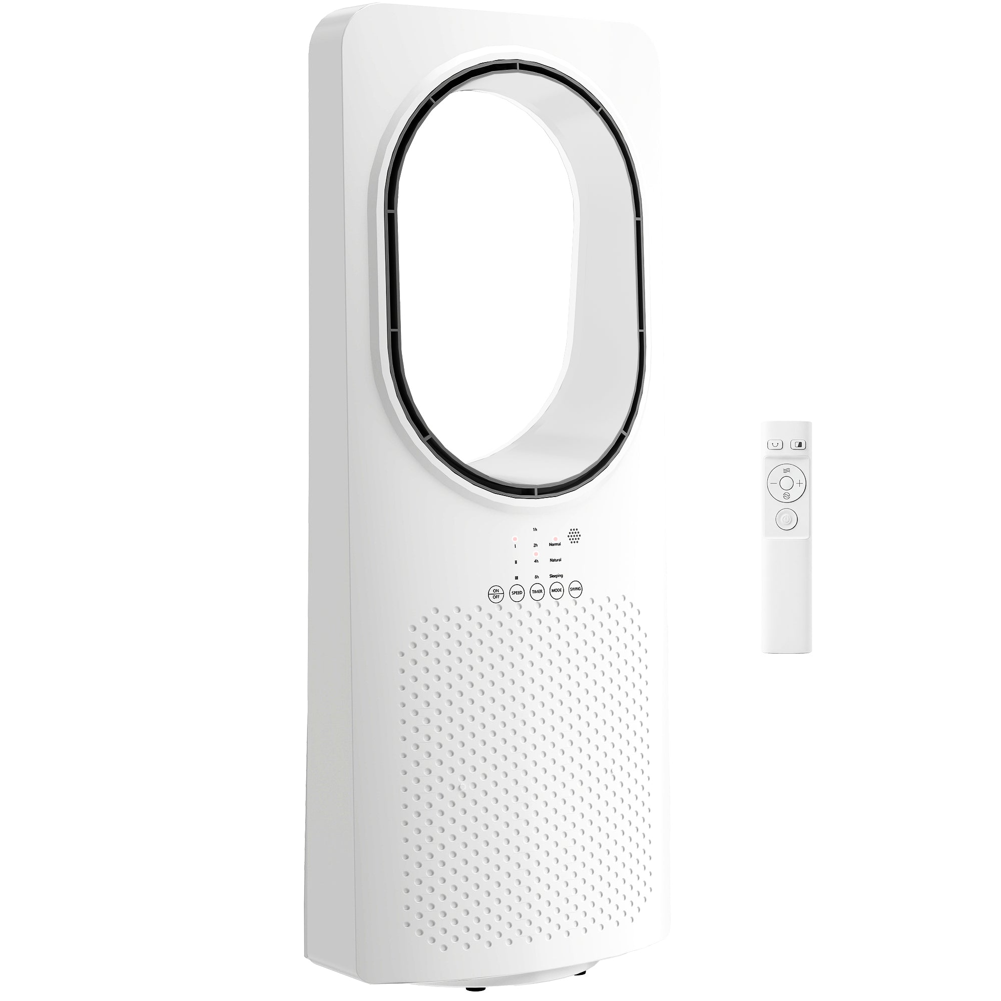 HOMCOM stolpni ventilator brez lopatic za spalnico – izjemno tih 36 dB, 45° nihanje, 3 hitrosti in načini, 15-urni časovnik, daljinski, bel