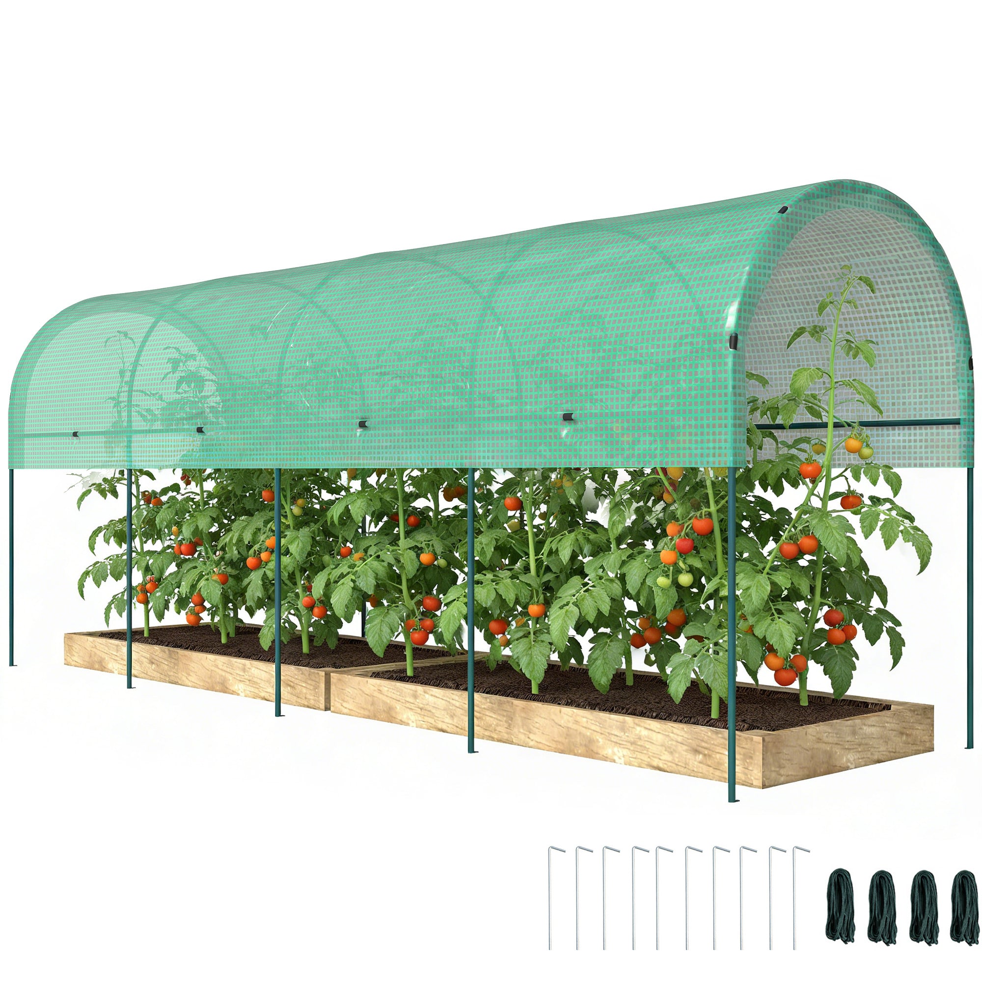Outsunny Wanter-Fëlm-Gewächshaus mat gebéitem Daech — Stolframe & Bodenankeren, steckbaren oppene Tunnel, 400 × 120 × 170 cm, Gréng