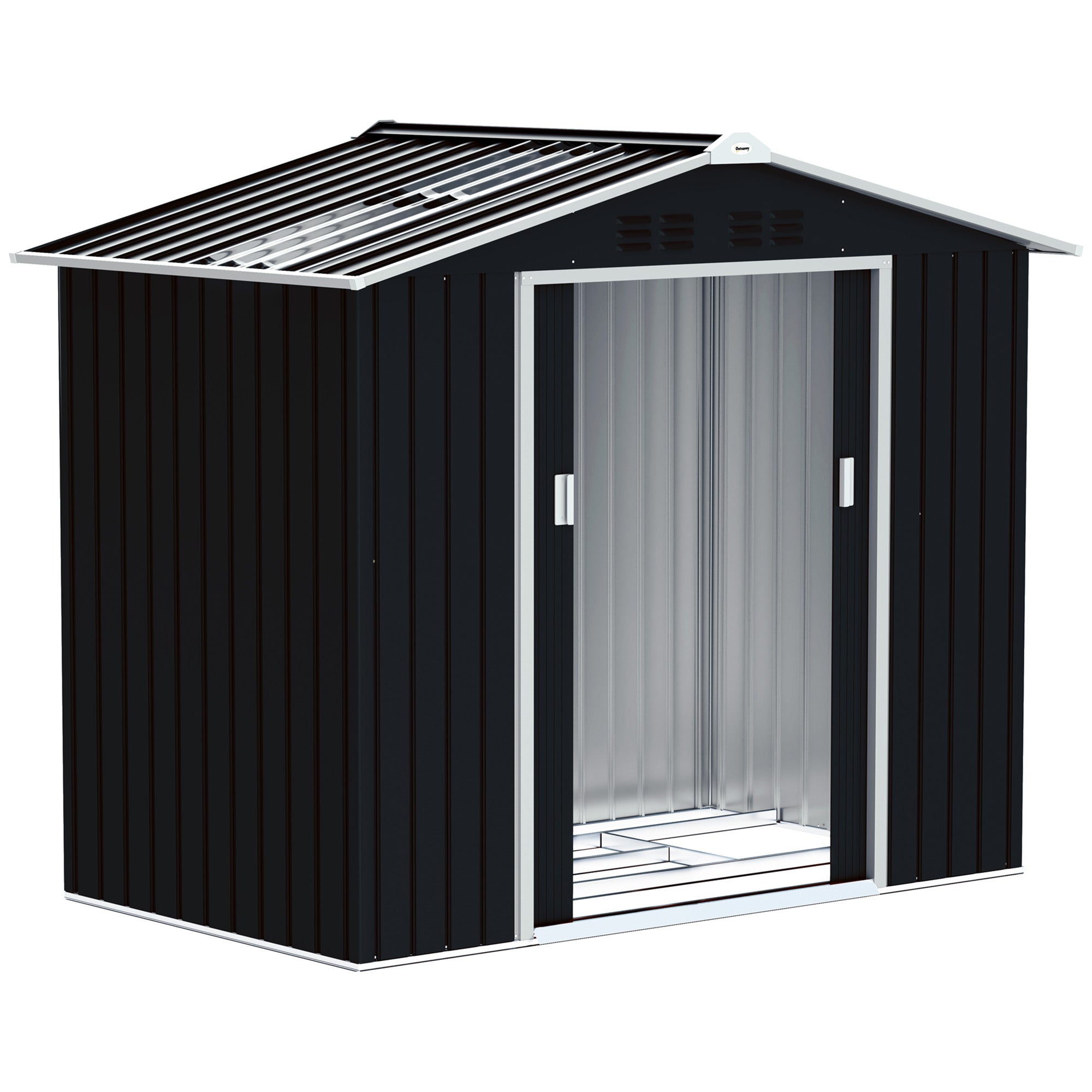 Outsunny vrtna szarja 2,42 m² z ojačenim podnožjem brez tal 213x130x185 cm zunanja vrtna szarja s drsnimi vrati, svetlobnim oknom in 4 okni za shranjevanje orodja temno siva