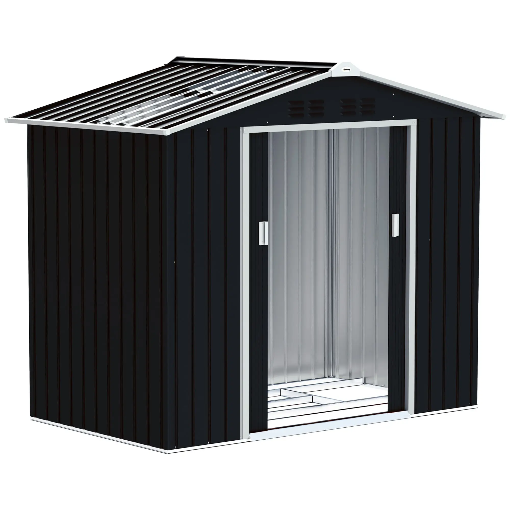 Garden Shed 2.42m? with Reinforcement Base Without Floor 213x130x185 cm Outdoor Garden Shed with Sliding Doors Skylight 4 Windows for Tool Storage Dark Gray