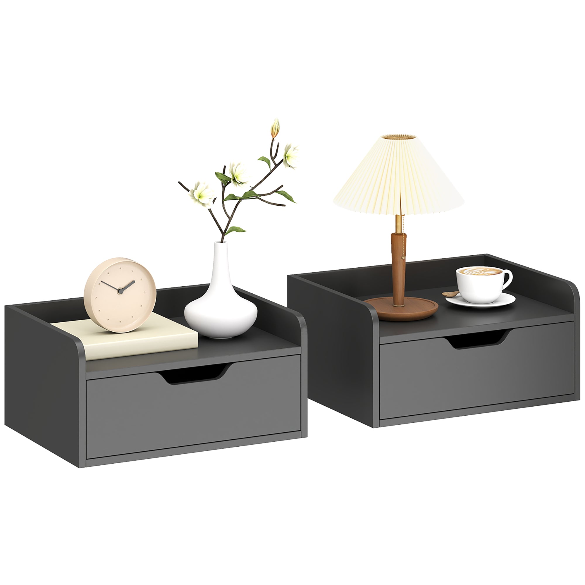 HOMCOM Set aus 2 schwebenden Nachttischen mit Schublade & Ablage, Schwarz — jeweils 40 x 30 x 19,5 cm