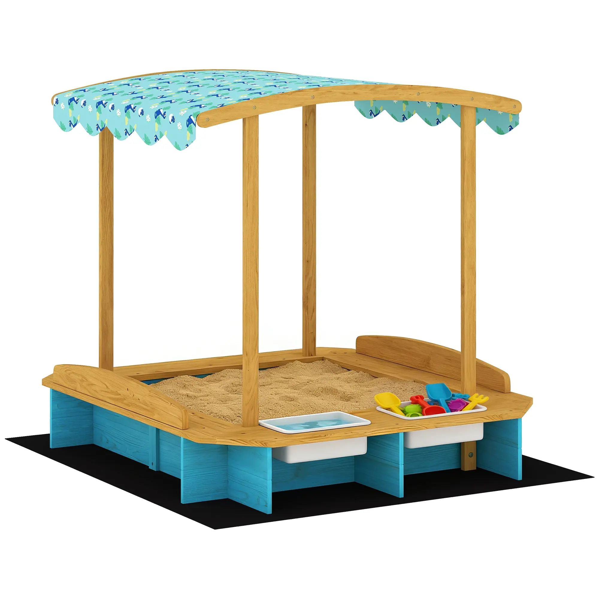 Wooden Kids Sandpit with Roof, 3 Benches, 2 Removable PP Storage Boxes, Base Liner — For 3–6 Years, Patio/Garden/Balcony — 128 x 118 x 121 cm (50.4 x 46.5 x 47.6 in) — Blue