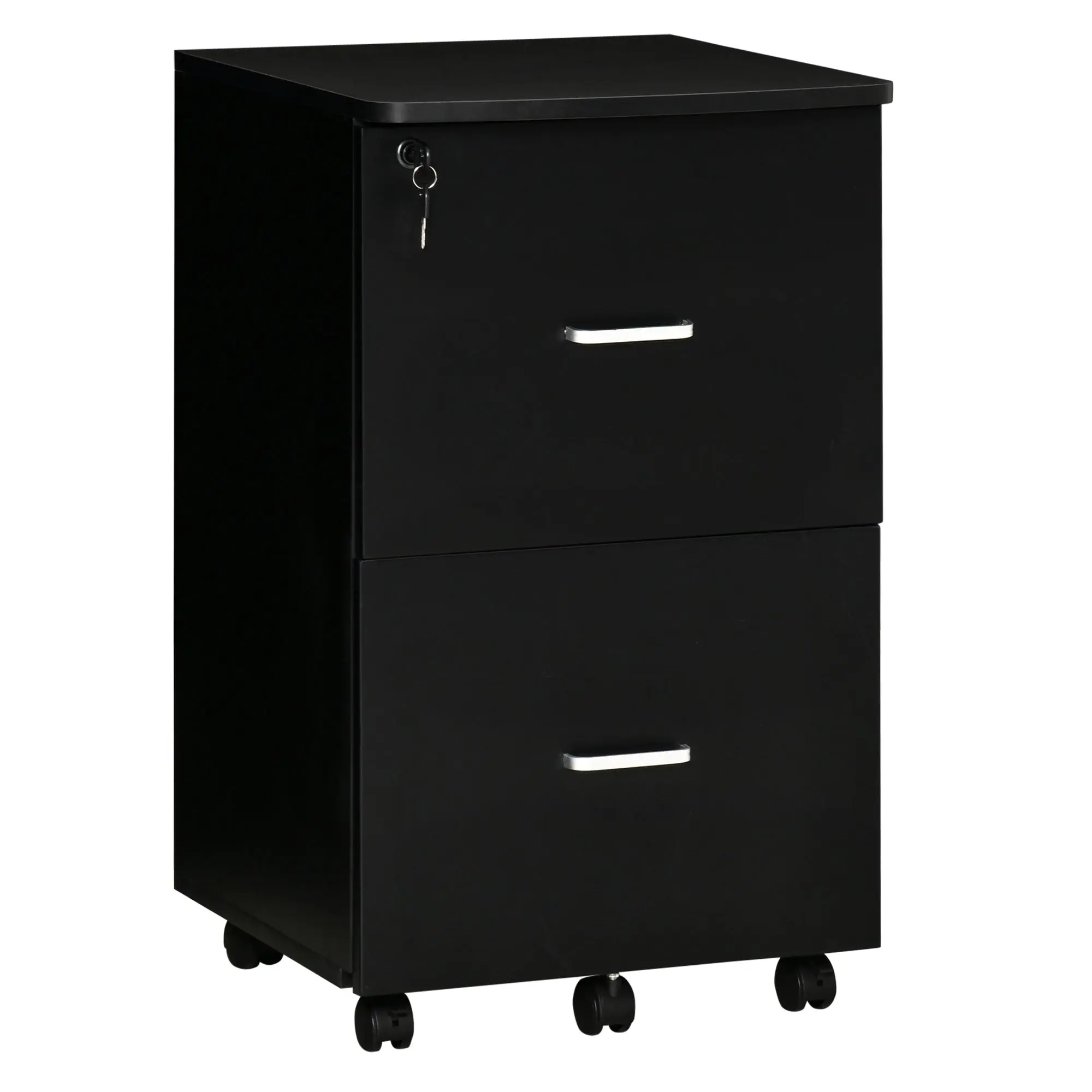 Office and Study Cabinet with 2 Lockable Drawers, Office Pedestal with 5 Wheels and Desktop, MDF and Particleboard Filing Cabinet, 43x45x72cm, Black
