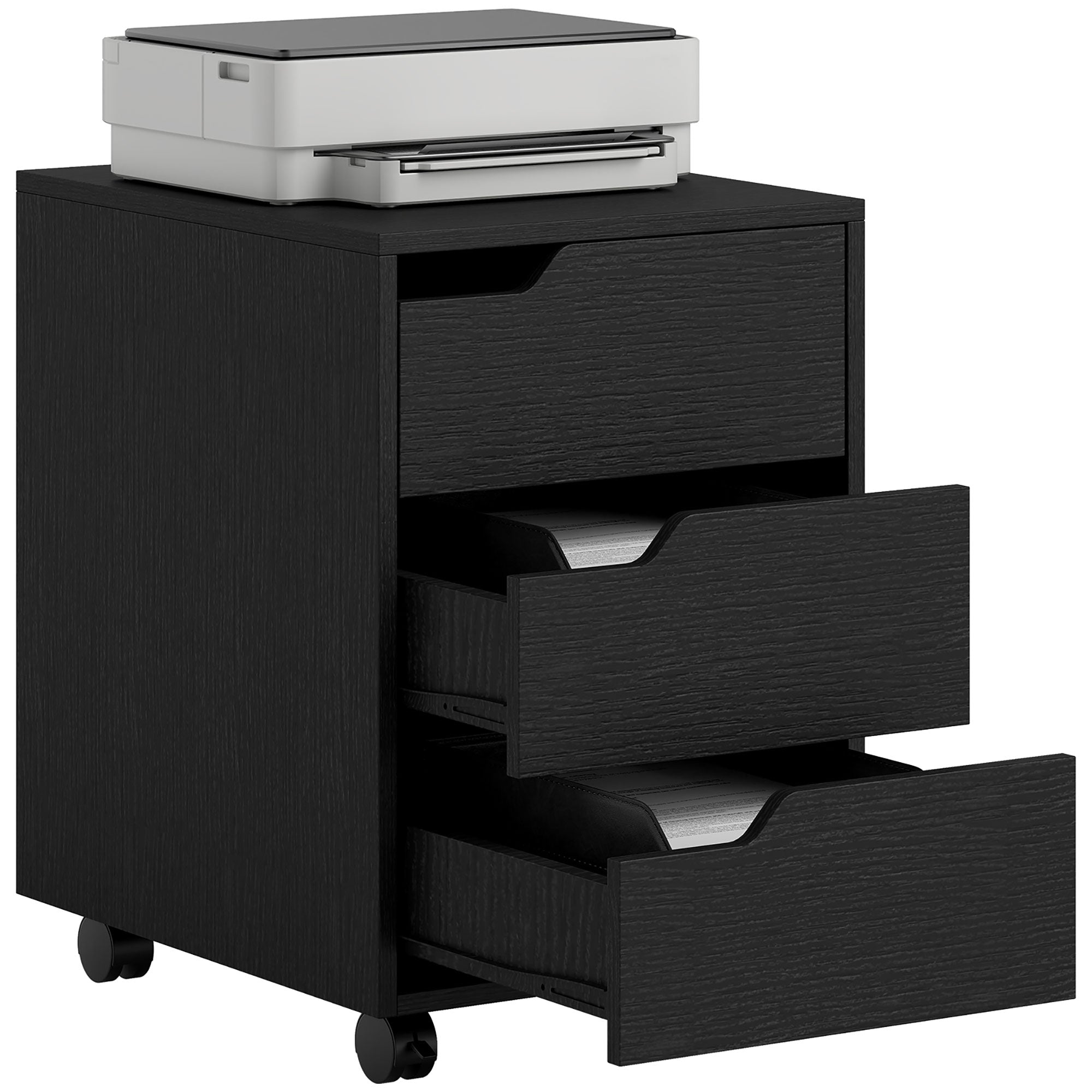 HOMCOM Büro Schubkäfeg D'Unit mat Rieder - Aktenkaaf mat 3 Schubkäfeg - Schafftsorganisator 40x50x57 cm Schwaarz