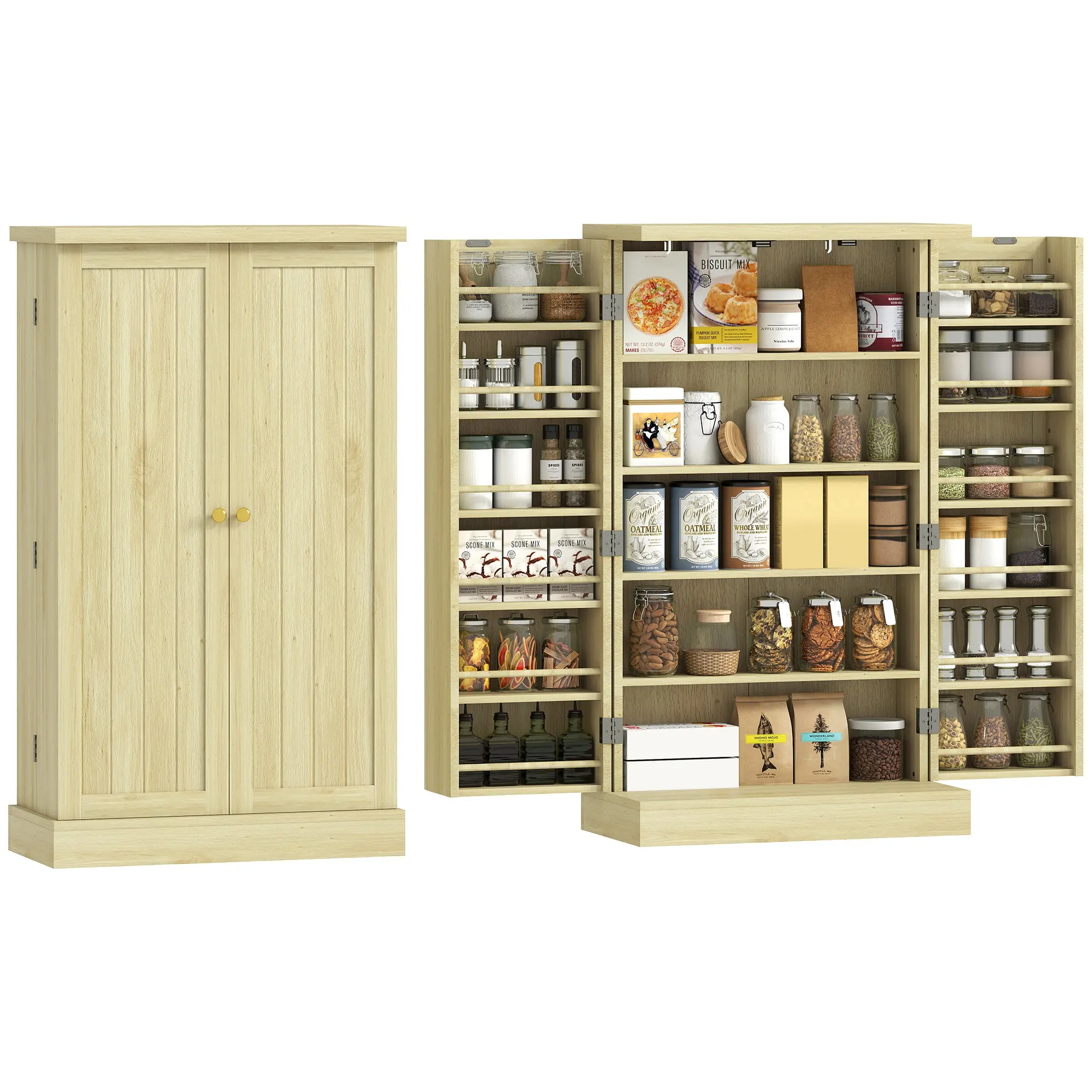 41" Kitchen Pantry Cabinet – 2-Door Storage Cabinet with Adjustable Shelves, 12 Spice Holders, 5 Shelves – Modern Natural Wood for Dining Room & Living Room