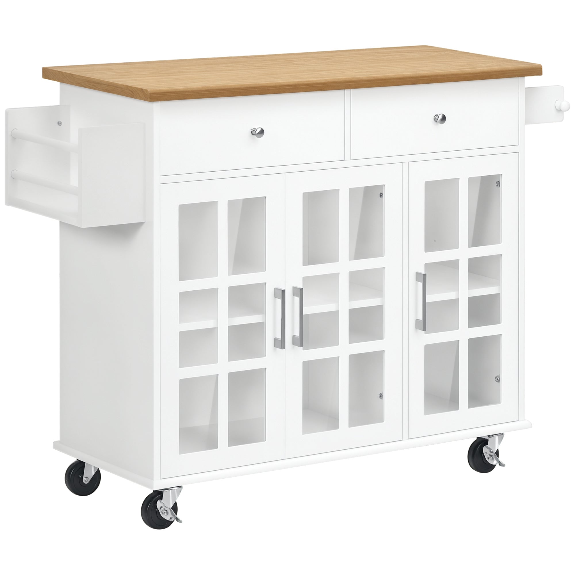 Kitchen Cart Kitchen Island on Wheels Multifunctional with 2 Drawers 3 Glass Doors Towel Rack and Spice Rack 124.5x39.5x90 cm White