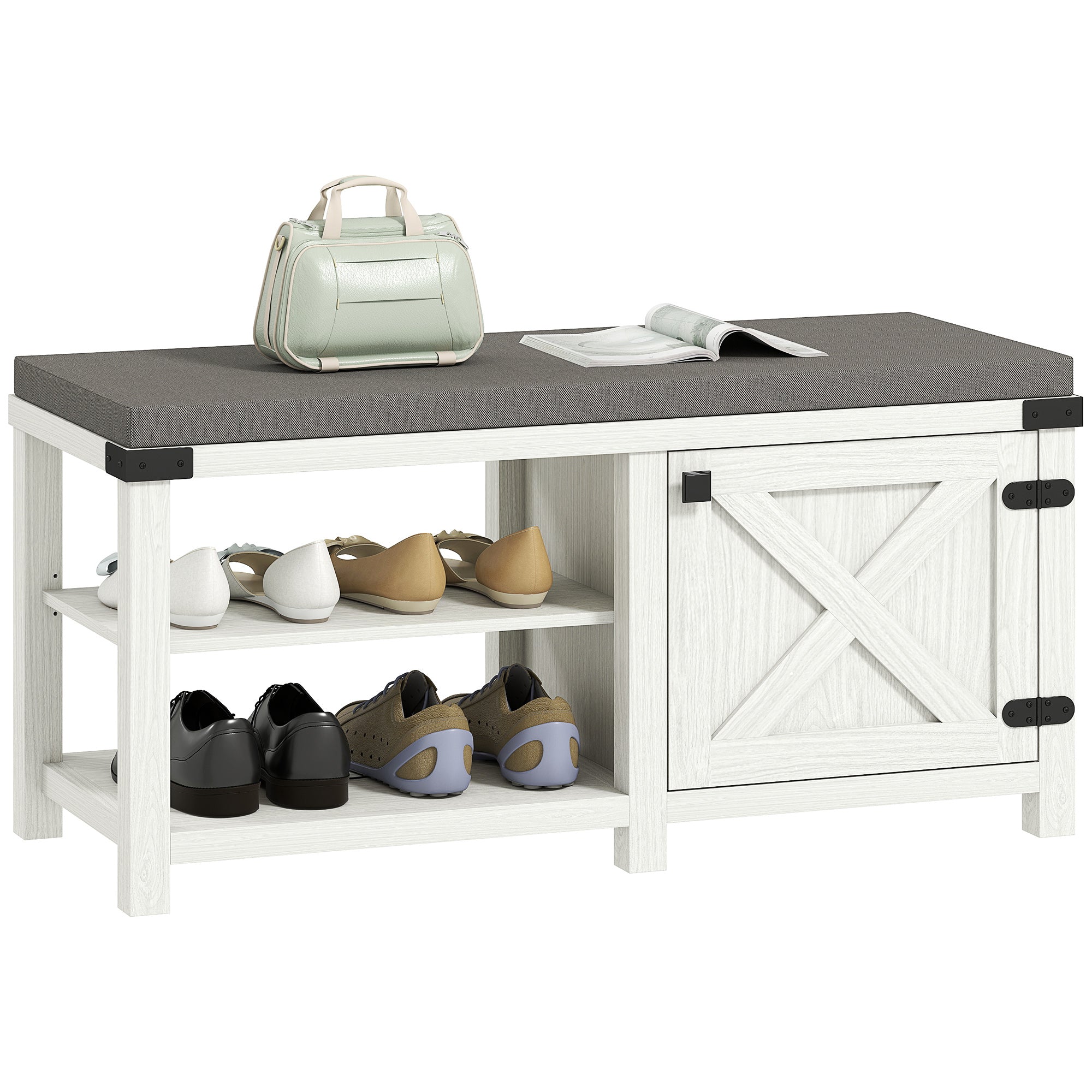 HOMCOM Rustikaler Schuhbänke Schuh Organizer mit Sitzplatz Schuhlagerbank mit Fächern und Kissen für 7 Paar Schuhe für Flur Wohnzimmer Schlafzimmer 100x40x48 cm Weiß und Grau