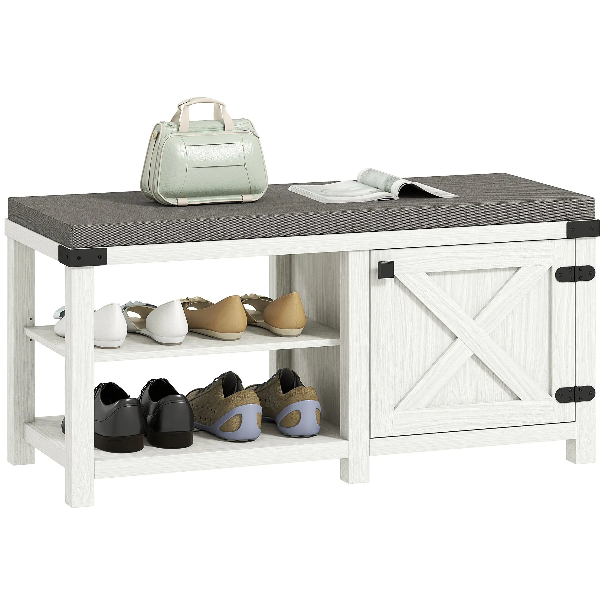 Rustic Shoe Bench Shoe Organizer Bench with Seat Shoe Storage Bench with Compartments Cushion for 7 Pairs of Shoes for Entryway Living Room Bedroom 100x40x48 cm White and Gray