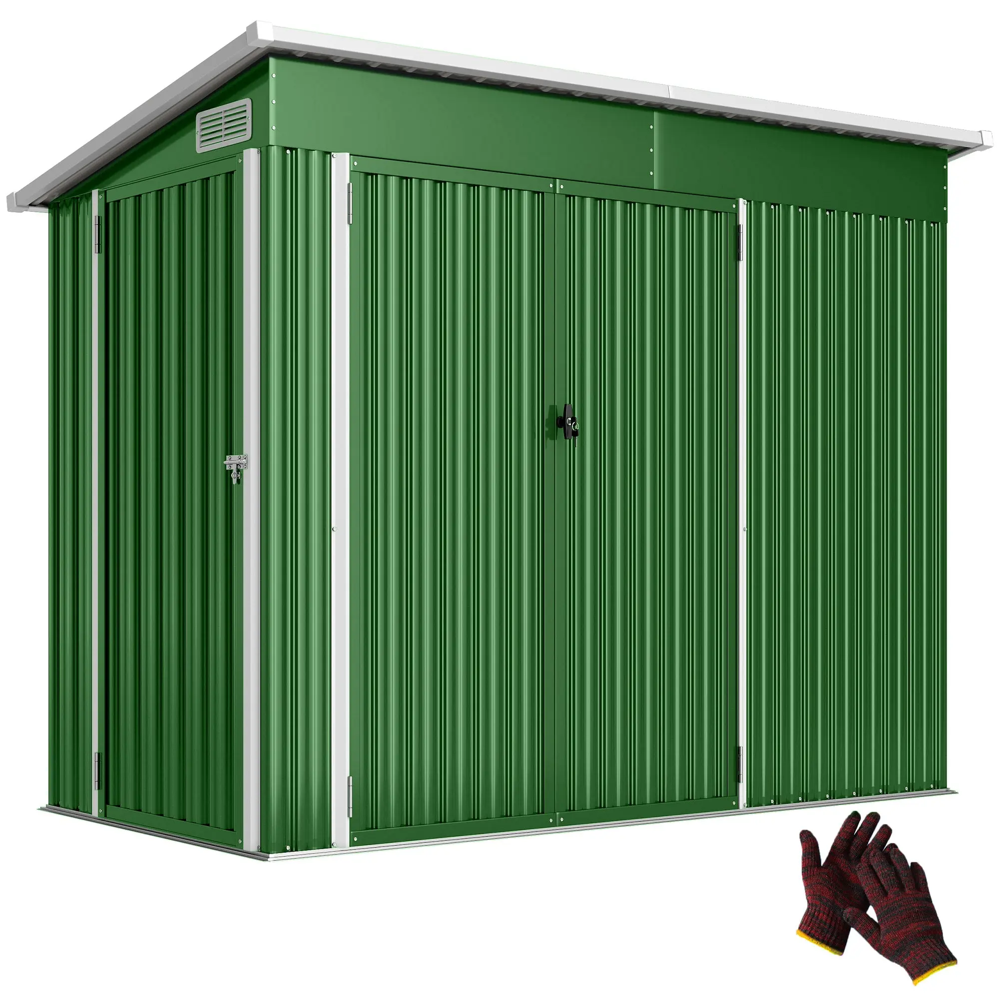 Metal Garden Shed, 2.7 m² (29 ft²) — Triple Door, Lockable, Sloped Roof & Ventilation, Green