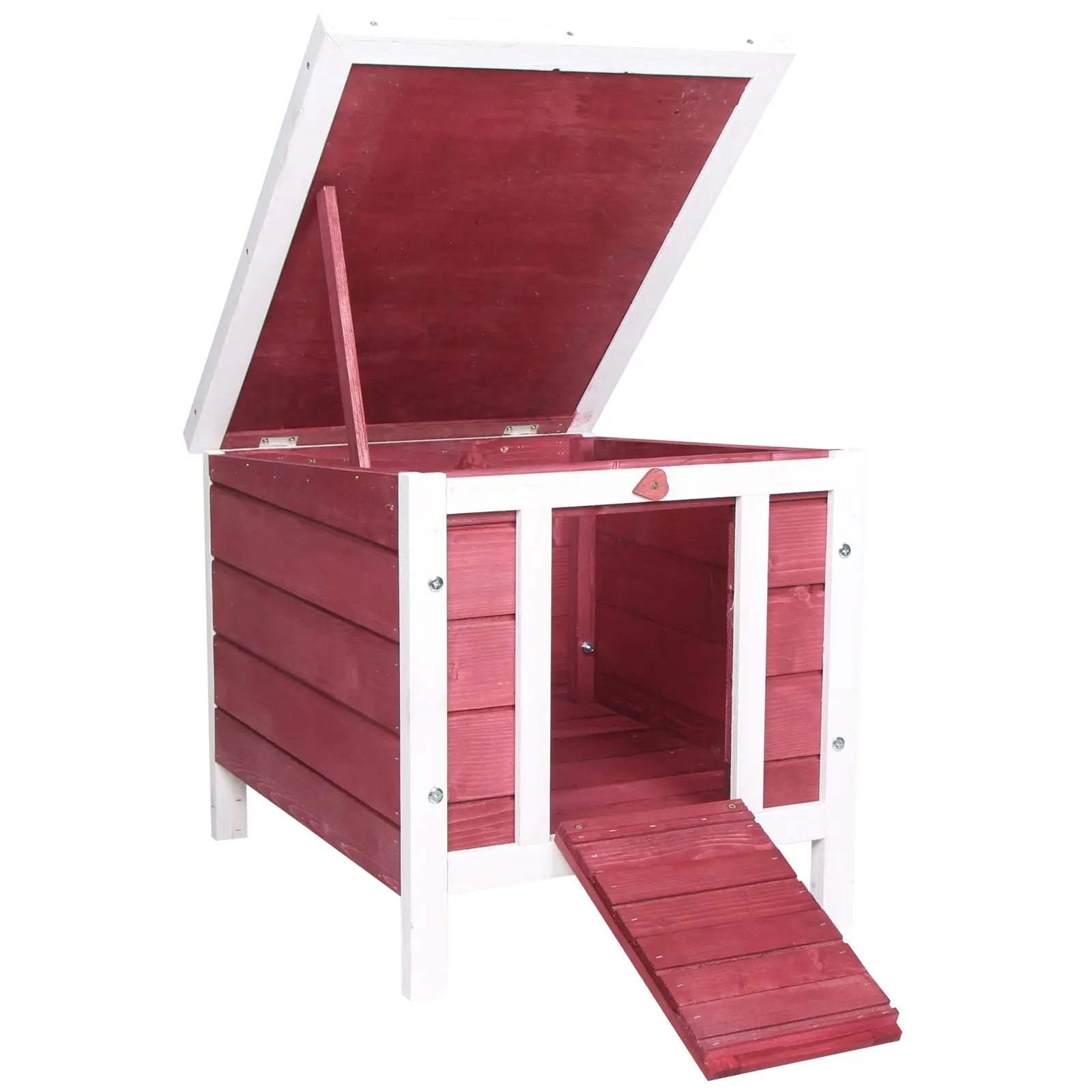 Wooden Rabbit Hutch Outdoor Cage Shelter for Small Pets with Flip-Flop Asphalt Roof and Non-Slip Ramp 42x51x43 cm Red