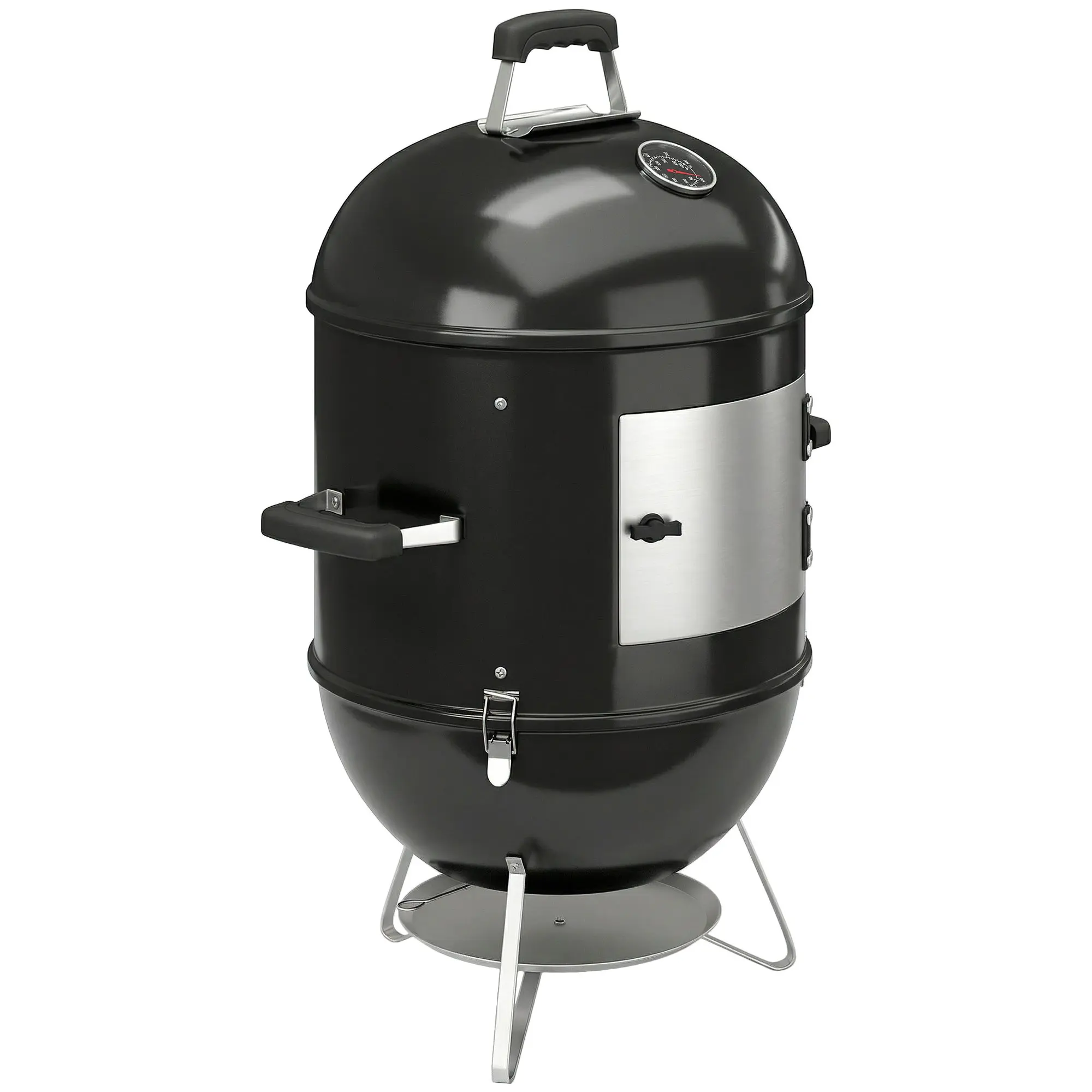 3-in-1 Smoker with 3 Cooking Grates (17.3 in), Built-in Thermometer, Adjustable Vents, Removable Lid, Insulated Handle — Charcoal Grill for Camping, Parties & Picnics, Black