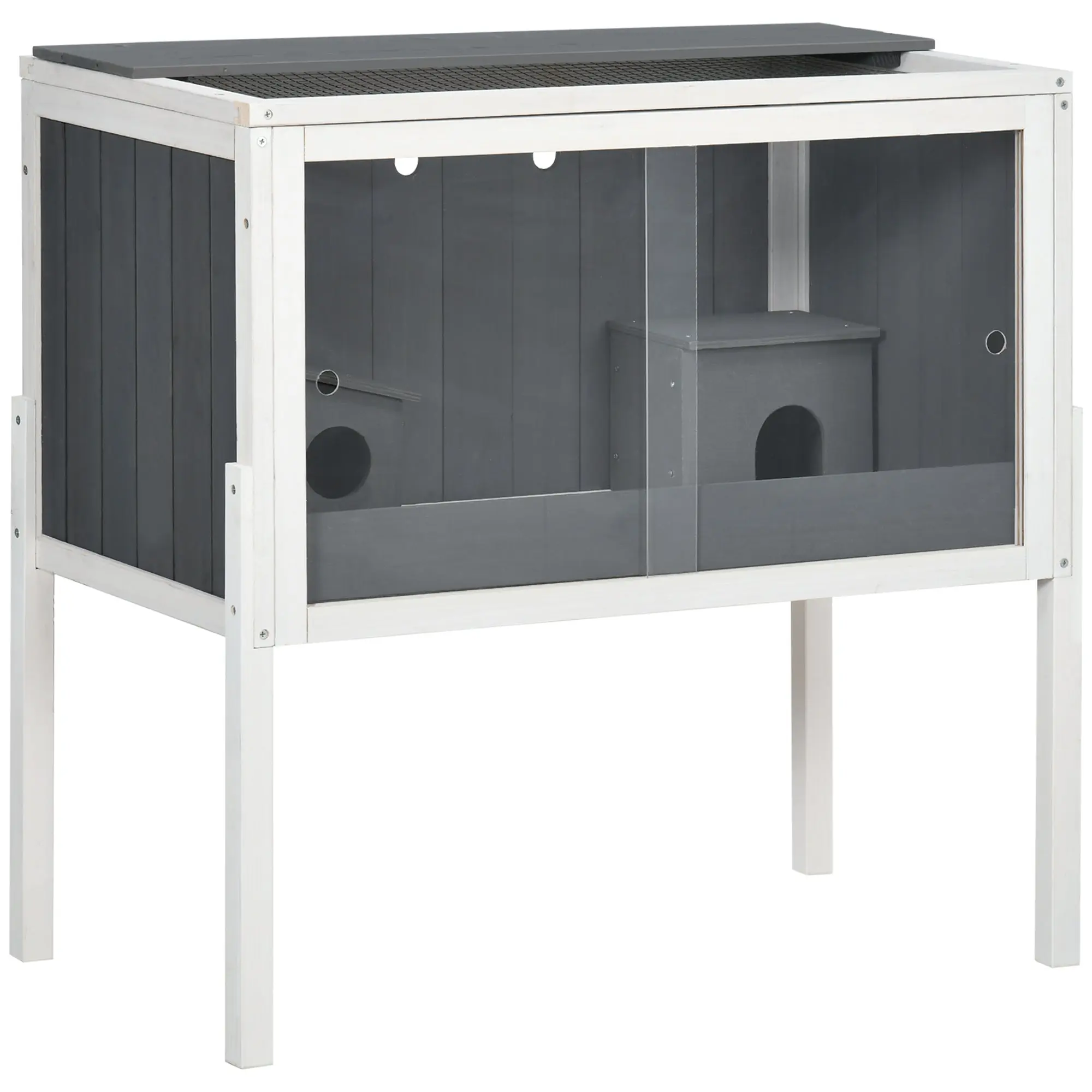 Wooden Hamster Cage for Dwarf Hamster Rodent Cage Small Pet Cage with 2 Cottages and Accessories, Large Mouse Cage 82 x 45 x 81 cm Gray
