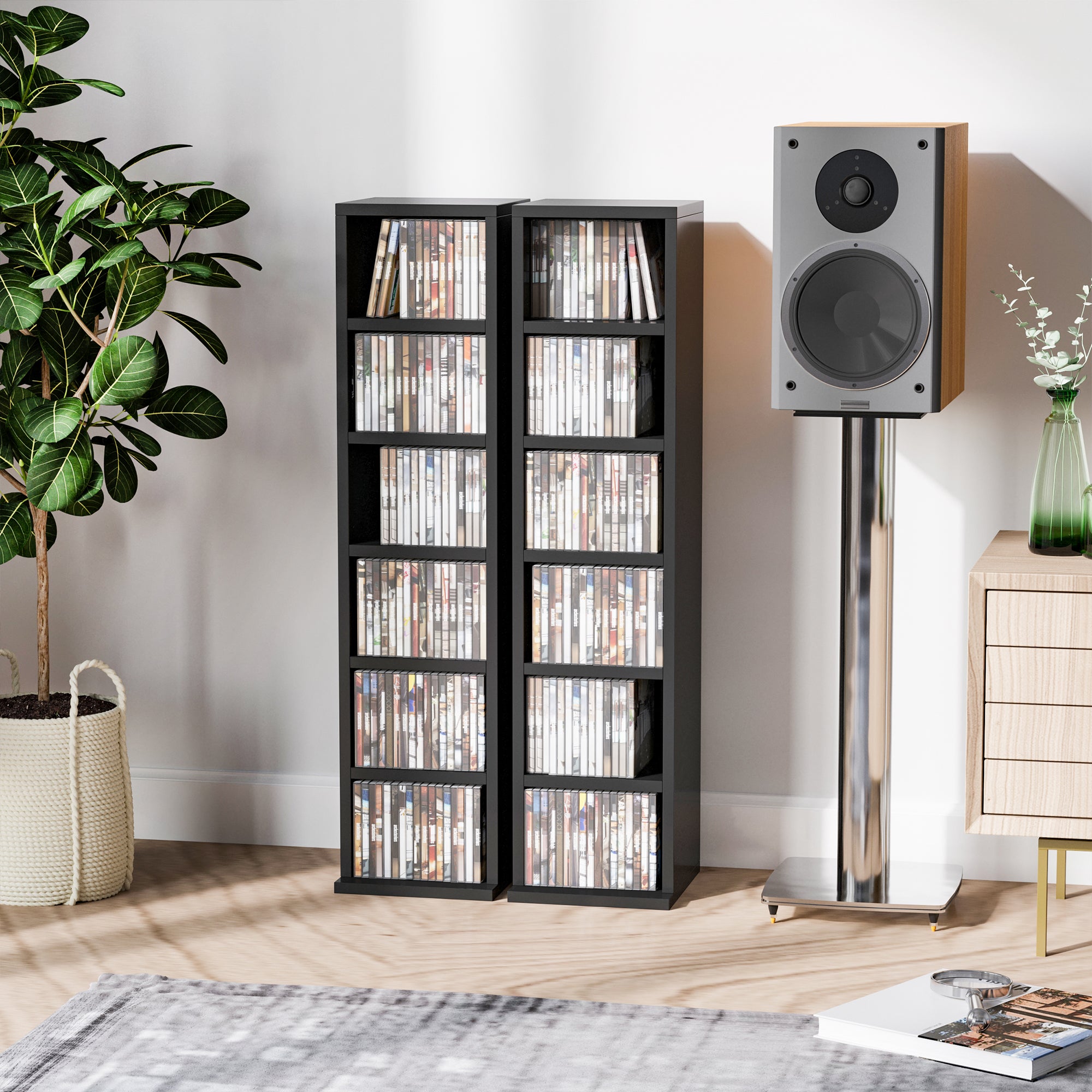 HOMCOM Sæt med 2 søjleskabe til opbevaring af CD/DVD - 6 + 6 rum 21 x 22,5 x 88,5 cm max kapacitet 204 CD'er sort