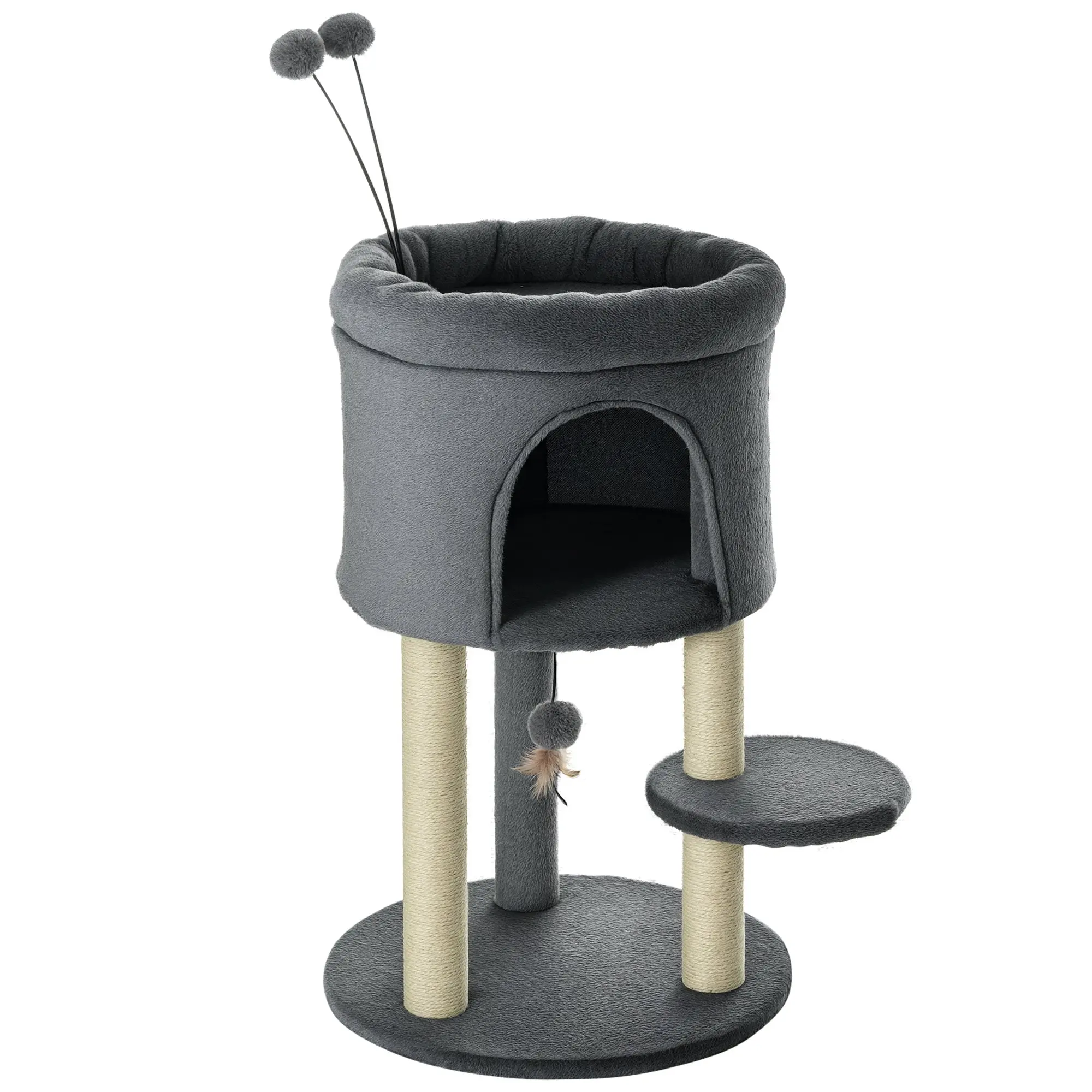 Cat Tree 73.5H cm Cat Scratching Post with Cat Cave and Play Ball Climbing Tree Sisal Pole Cat Toy Plush Gray + Cream White