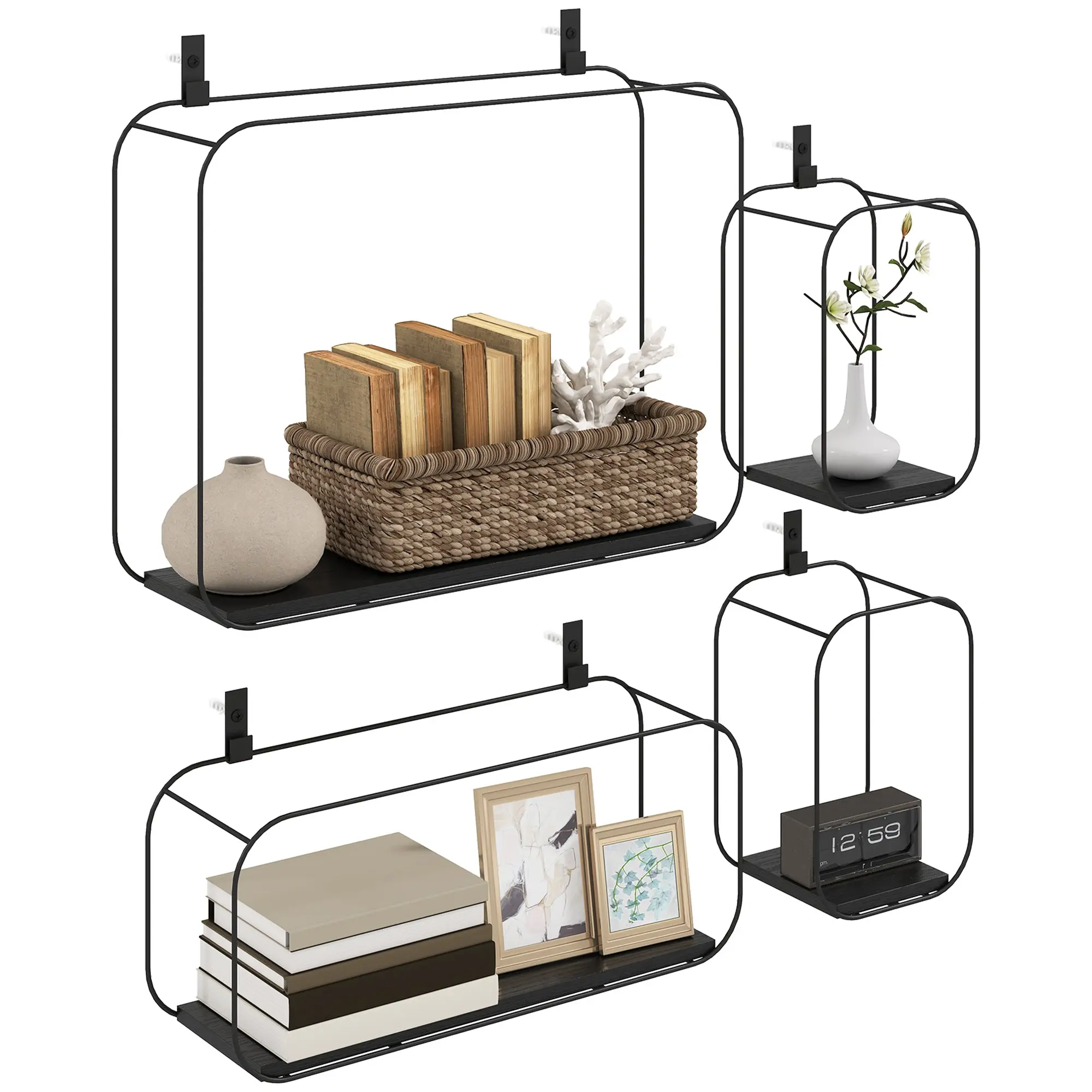 Industrial Geometric Wall Shelves, 4-Piece Metal Frame Set for Living Room & Bedroom, Black