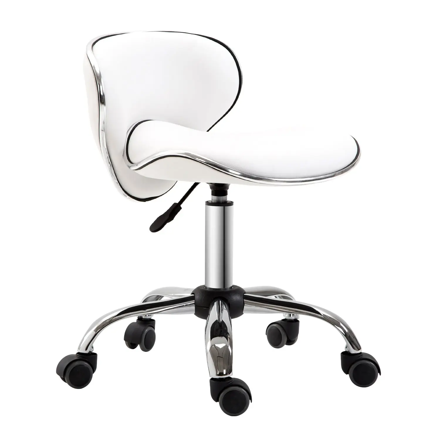 Rolling Stool Work Stool with Adjustable Height 44-56 cm and Backrest, 360° Swivel Office Stool for Massage Salon, Office, Clinic, White