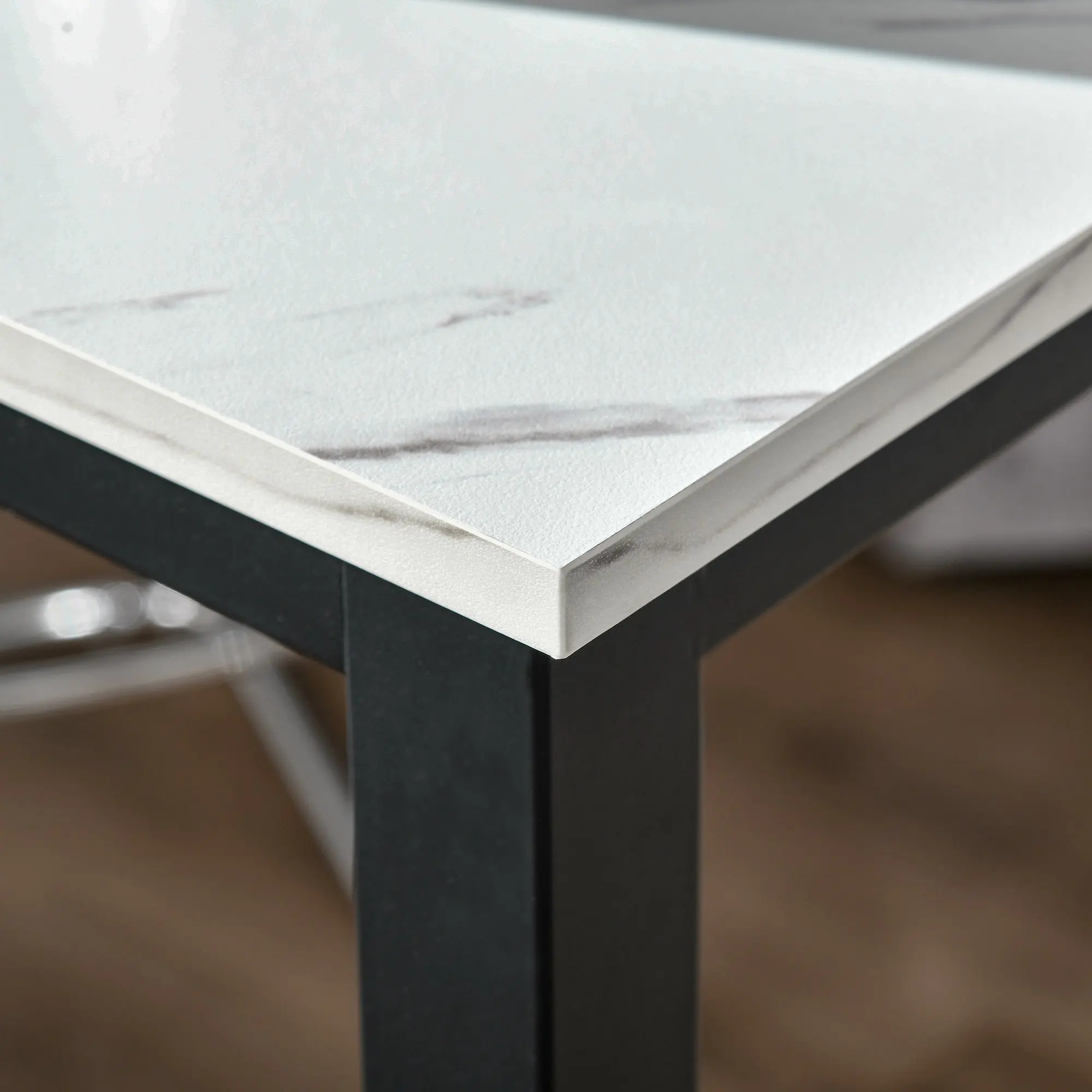 Bar Table High Kitchen Dining Table - 120L x 40W x 100H cm - Black Steel Frame, White Marble Look Top