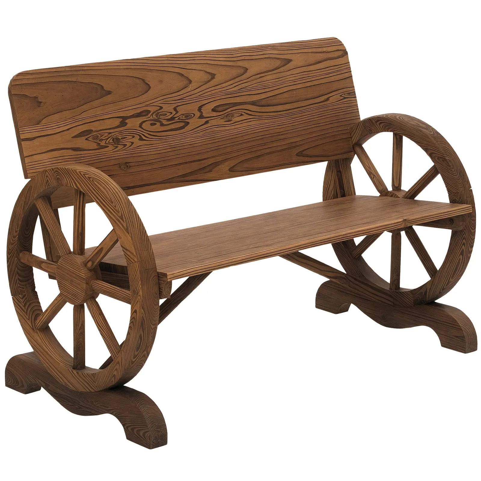 2 Seater Wooden Garden Bench with Wagon Wheel Armrests, Rustic Outdoor Bench Solid Fir Wood Patio Park Bench 250kg Capacity, 114 x 58 x 80 cm, Brown