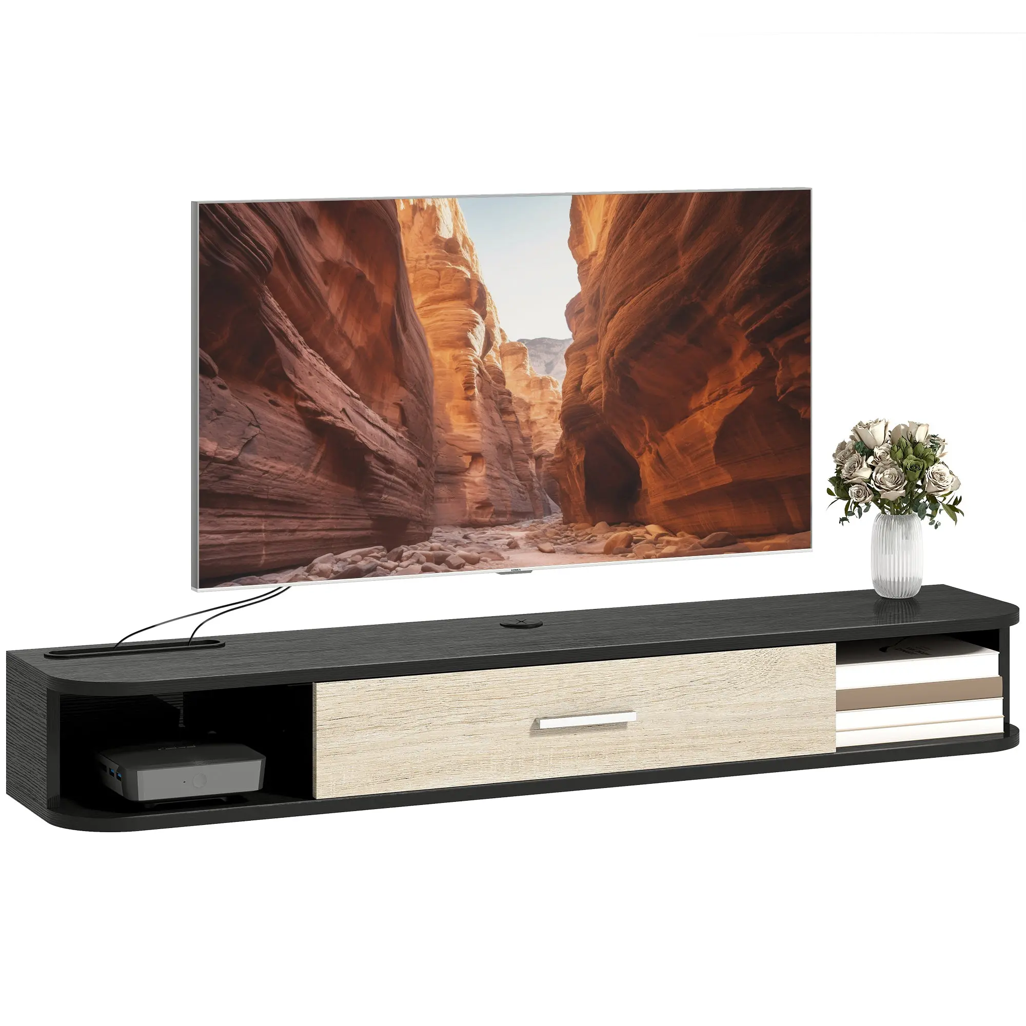 120 cm (47.2 in) Floating TV Unit – Fits TVs up to 50", Flip-Up Door, 2 Open Shelves & Cable Management, Black & Oak