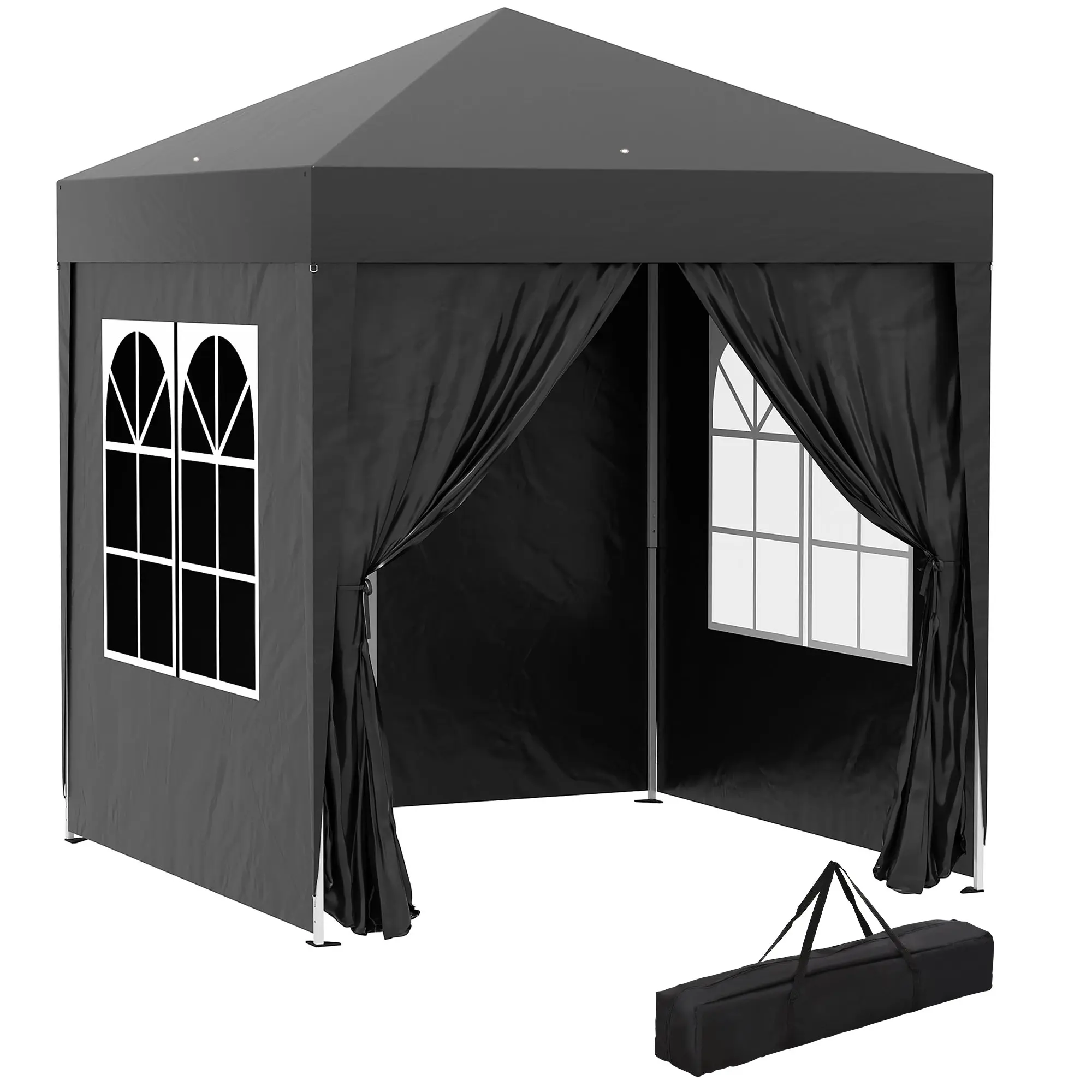 Pavilion 2x2m Waterproof, Pop-up Folding Pavilion with 4 Side Walls, Drainage Holes Window, Foldable Party Tent UV 30+, Garden Gazebo with Carrying Bag, Garden Pavilion for Terrace, Black