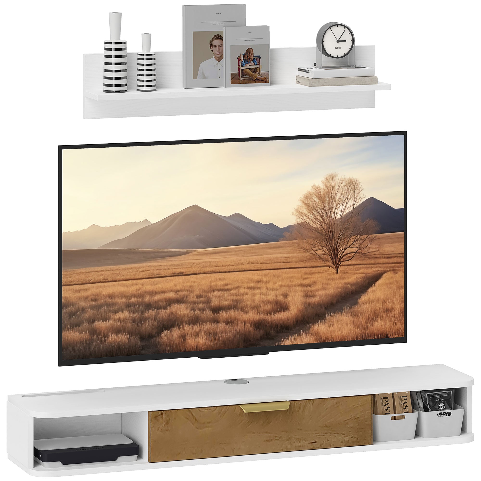 HOMCOM Nappali Bútor - Étkező Bútor Fali Polccal és TV Állvánnyal, Fiókokkal és Kábel Lyukkal, Fali TV-hez 120x24x16 cm Fehér