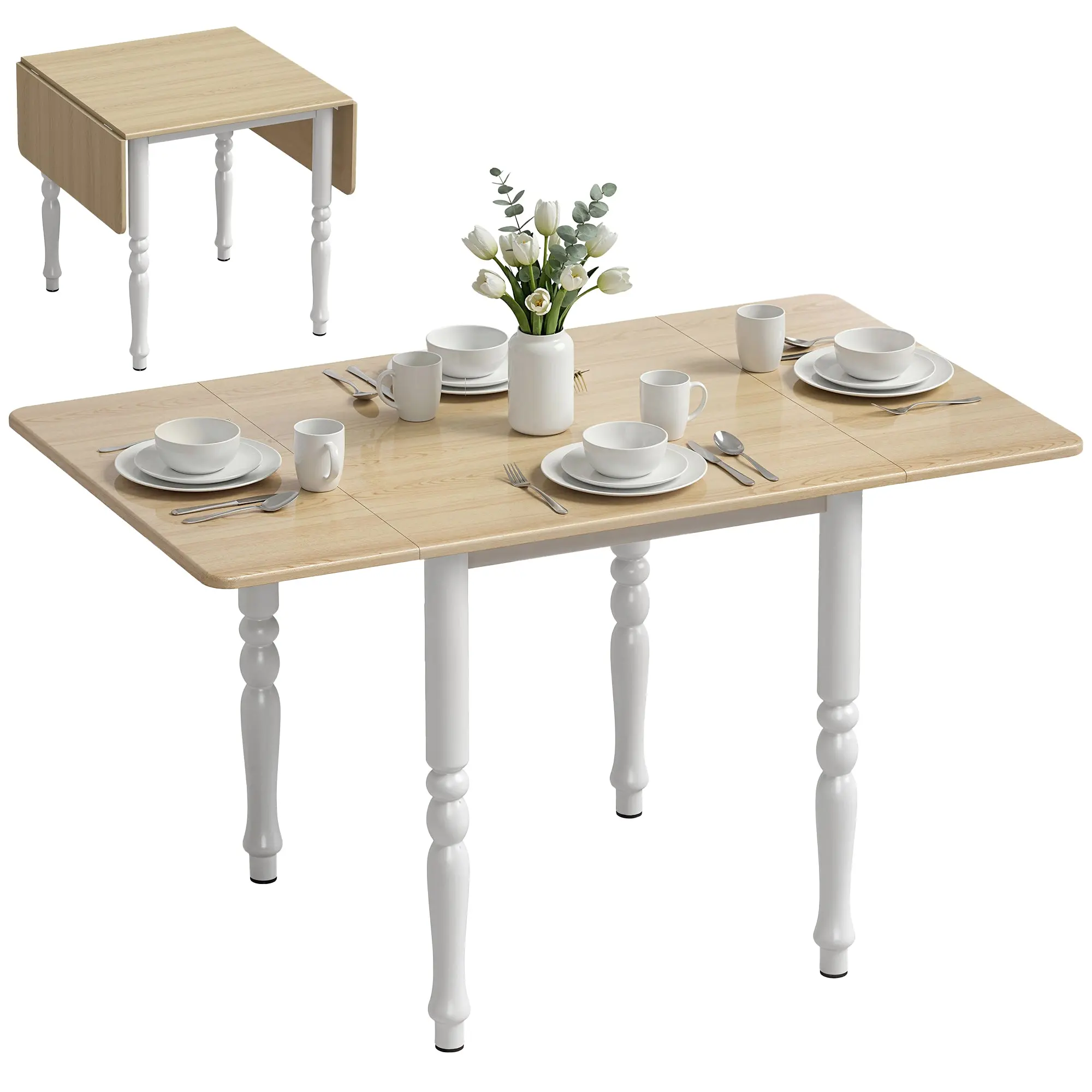 Extendable Folding Dining Table for 4–6, 29–53 in (74–134 cm) – Wood-Effect MDF Top & Turned Steel Legs
