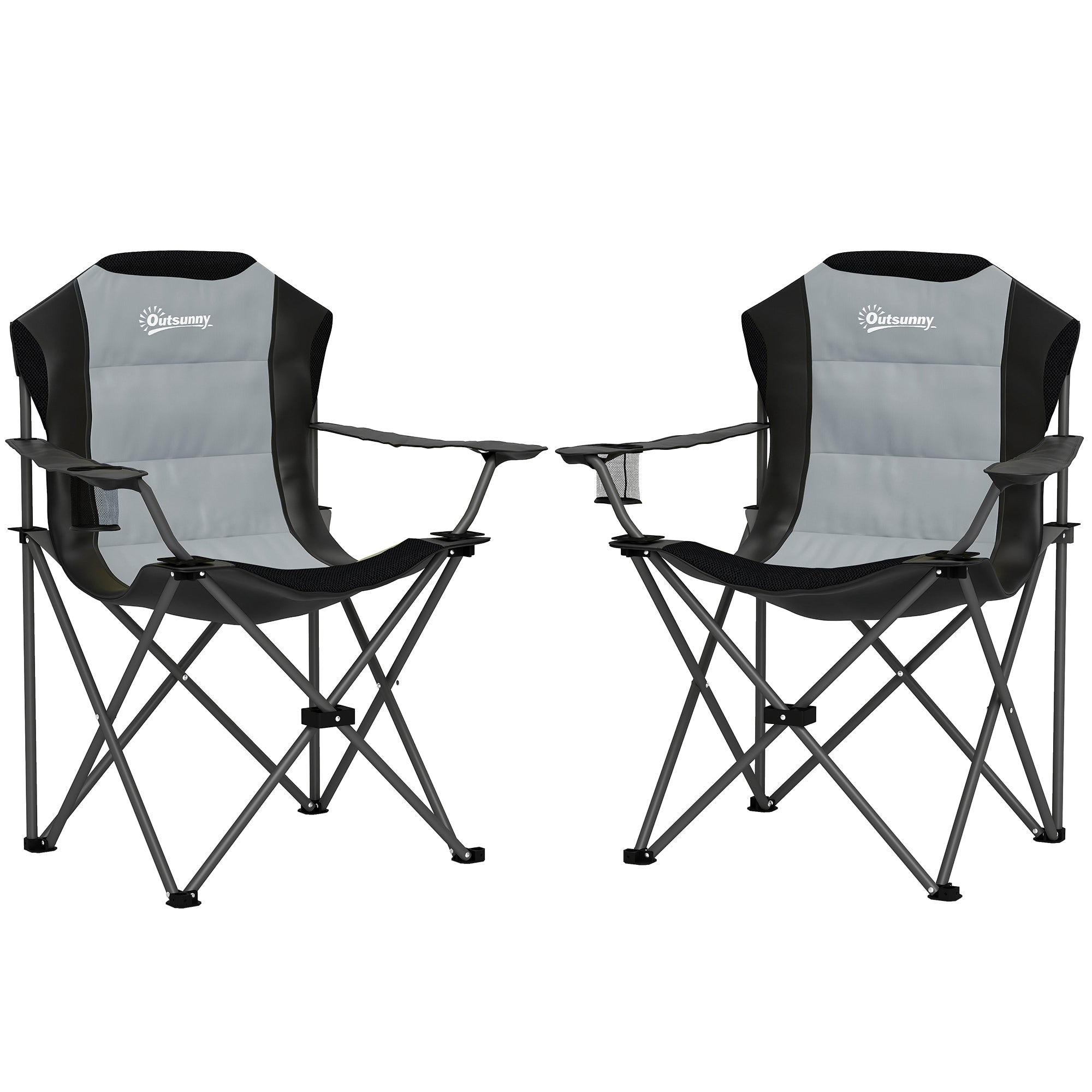 Jeu de 2 Chaises de Camping Pliantes OutSunny, Chaise Pêche Pliable avec Dossier Haut Rembourré et Porte-Gobelet, Chaise de Randonnée, Plage, Pique-Nique, Voyage, Capacité 120 kg, Gris Foncé
