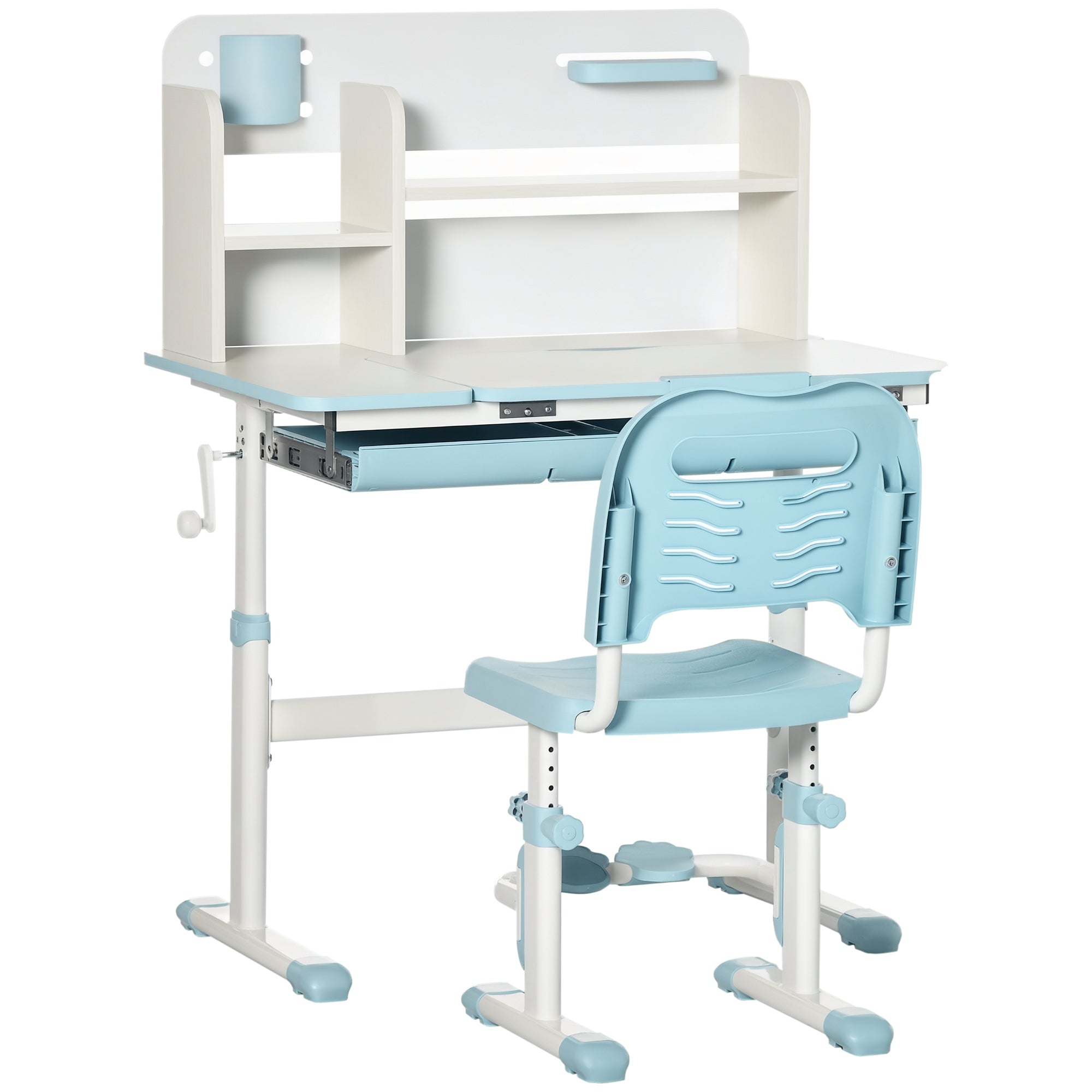 HOMCOM Set Stola i Stolice za Djecu od 3 godine s Podesivom Visinom, Stol s Nagibnom Radnom Površinom, Ladicom i Policom 80x52x88-109 cm i 35.5x44.5x66-80 cm Plava