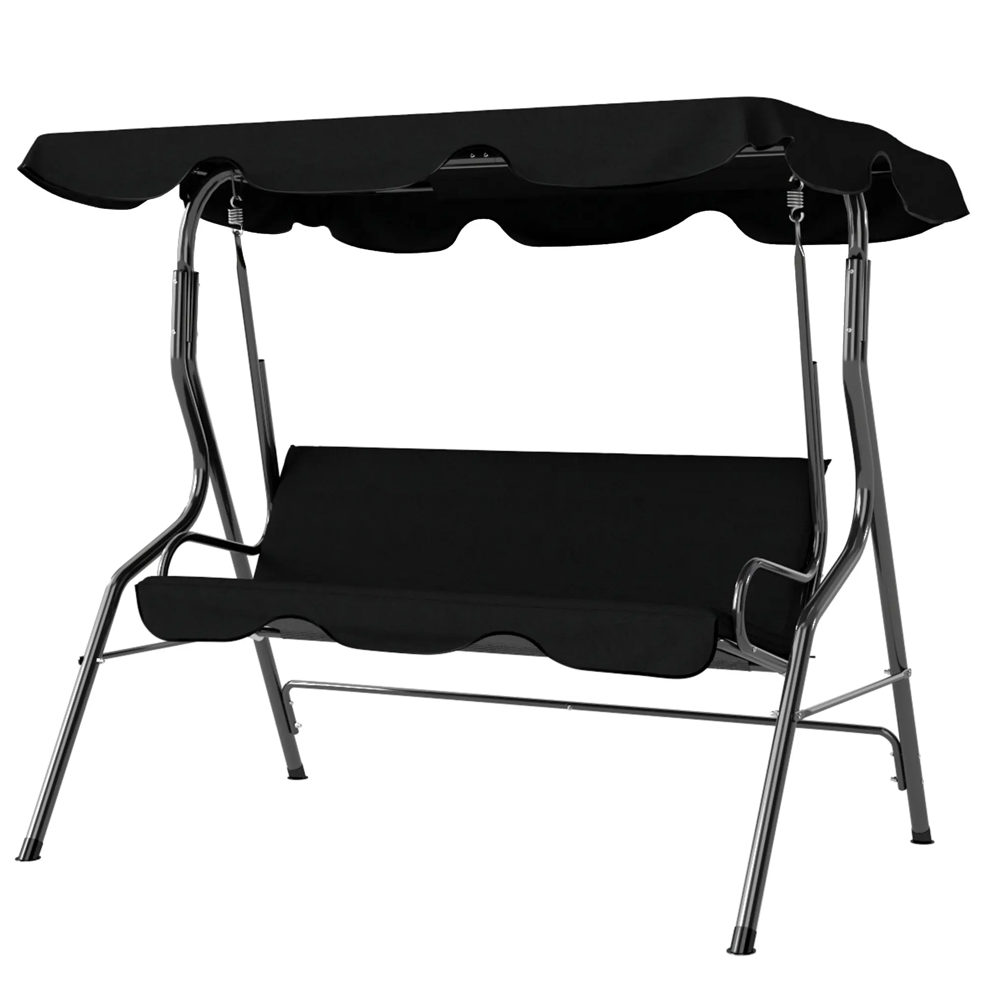3-Seater Garden Swing with Waterproof Roof Adjustable Tilt Seat Cushions Backrest 1.7L x 1.1W x 1.53H m Steel Polyester Black