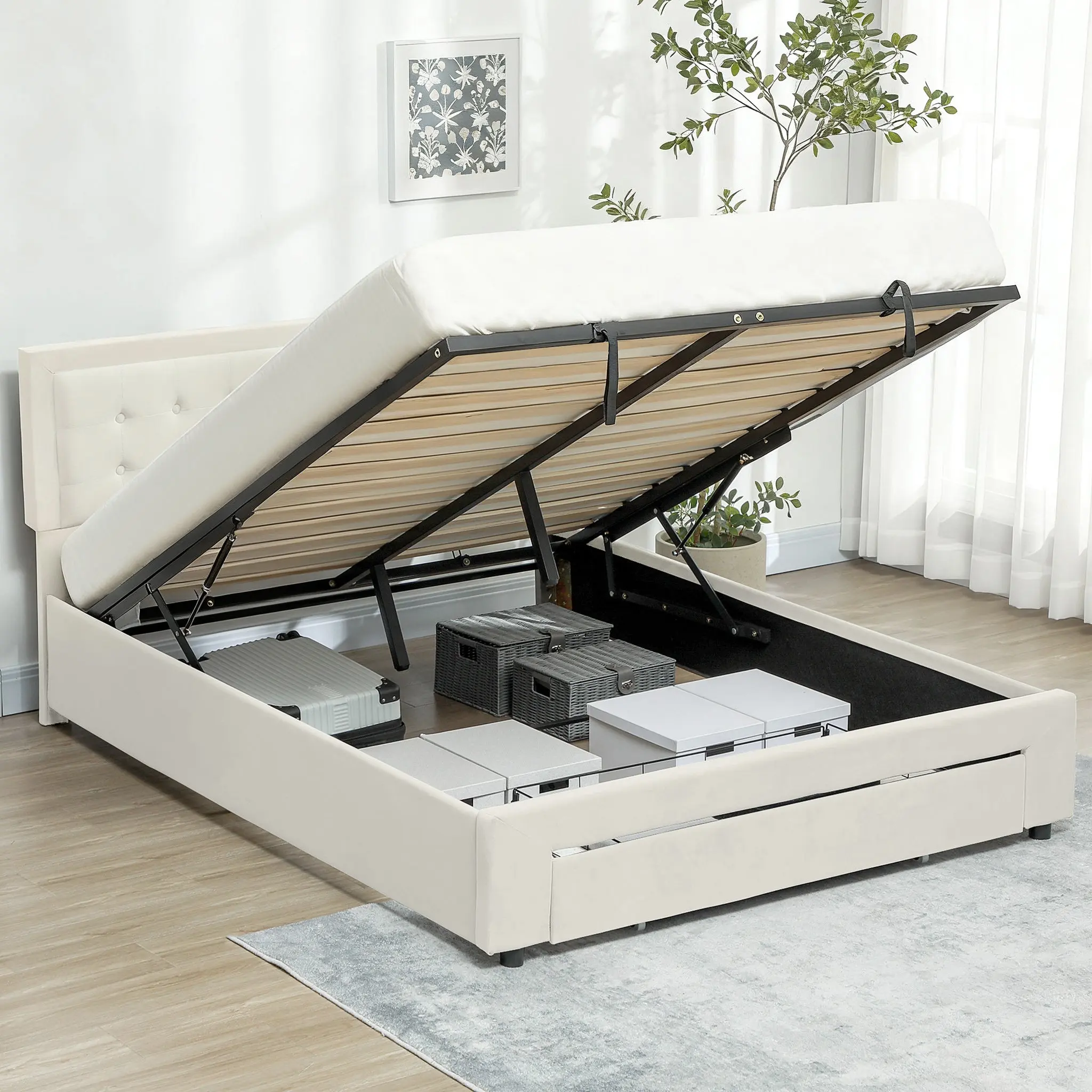 Double Bed Frame (55 x 79 in) — Gas-Lift Storage, Rolling Drawer & Adjustable Velvet-Effect Headboard, Cream