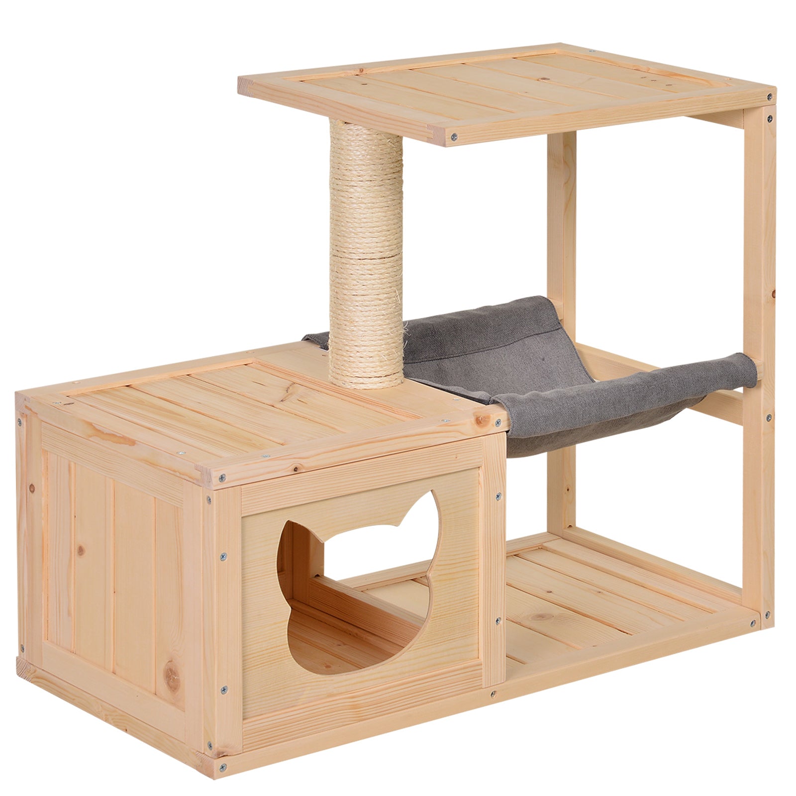 PawHut Kattenhuis met Hangmat, Kattenbox met Sisalpaal, Kattenhol, Kattenboom, Activiteitscentrum voor Katten, Dennenhout, Natuurlijk, 70 x 35 x 60 cm