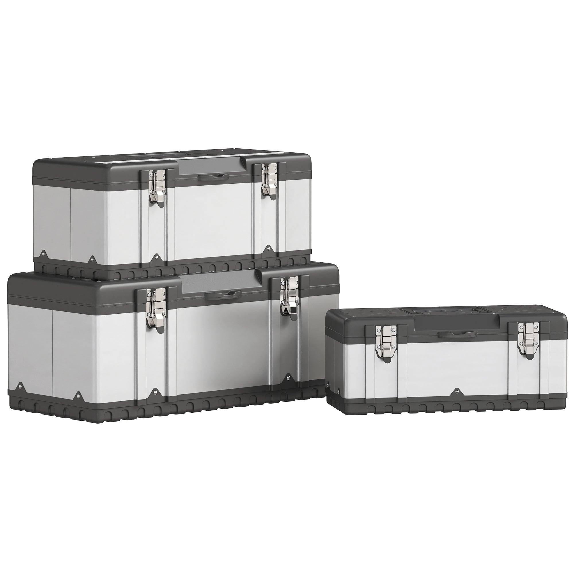 Tool Chest 3-Piece Set Empty Tool Box Toolbox with Removable Tray, Handles, Latches, Stainless Steel Tool Box, Black+Silver