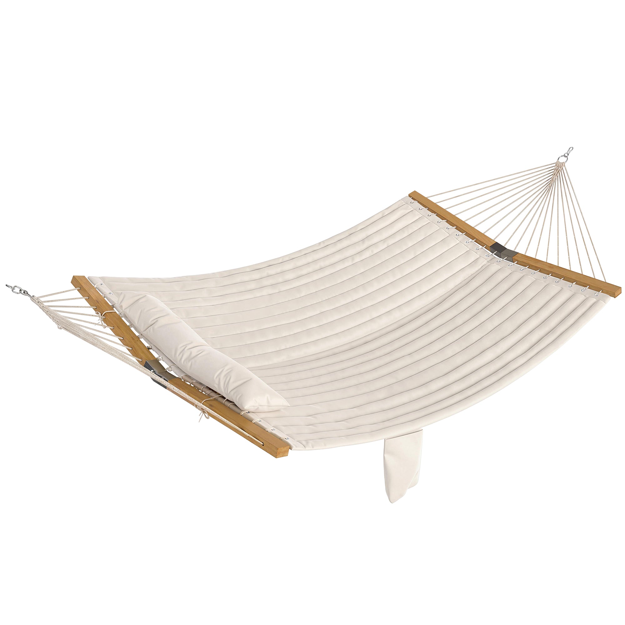 Outsunny lauko hamakas 200 x 140 cm – siūtas dviejų sluoksnių dvivietis hamakas su galvos atrama, žurnalo kišene ir buko skersiniais, kreminė balta