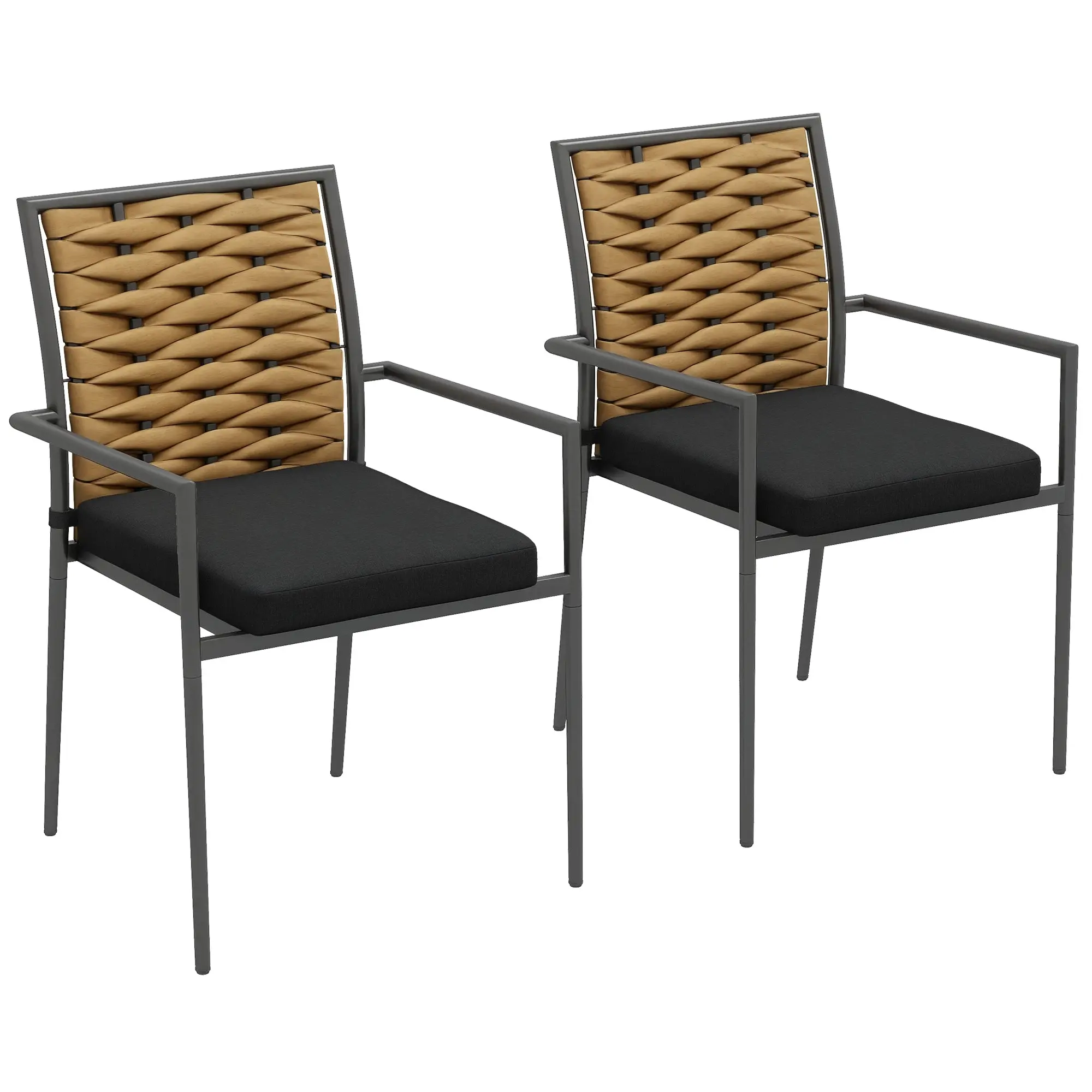 2-Piece Rattan Garden Chair Set with Cushions, Stackable Patio Chair, Balcony Chair for Terrace, Steel, 57 x 58 x 87 cm, Brown+Black+Gray