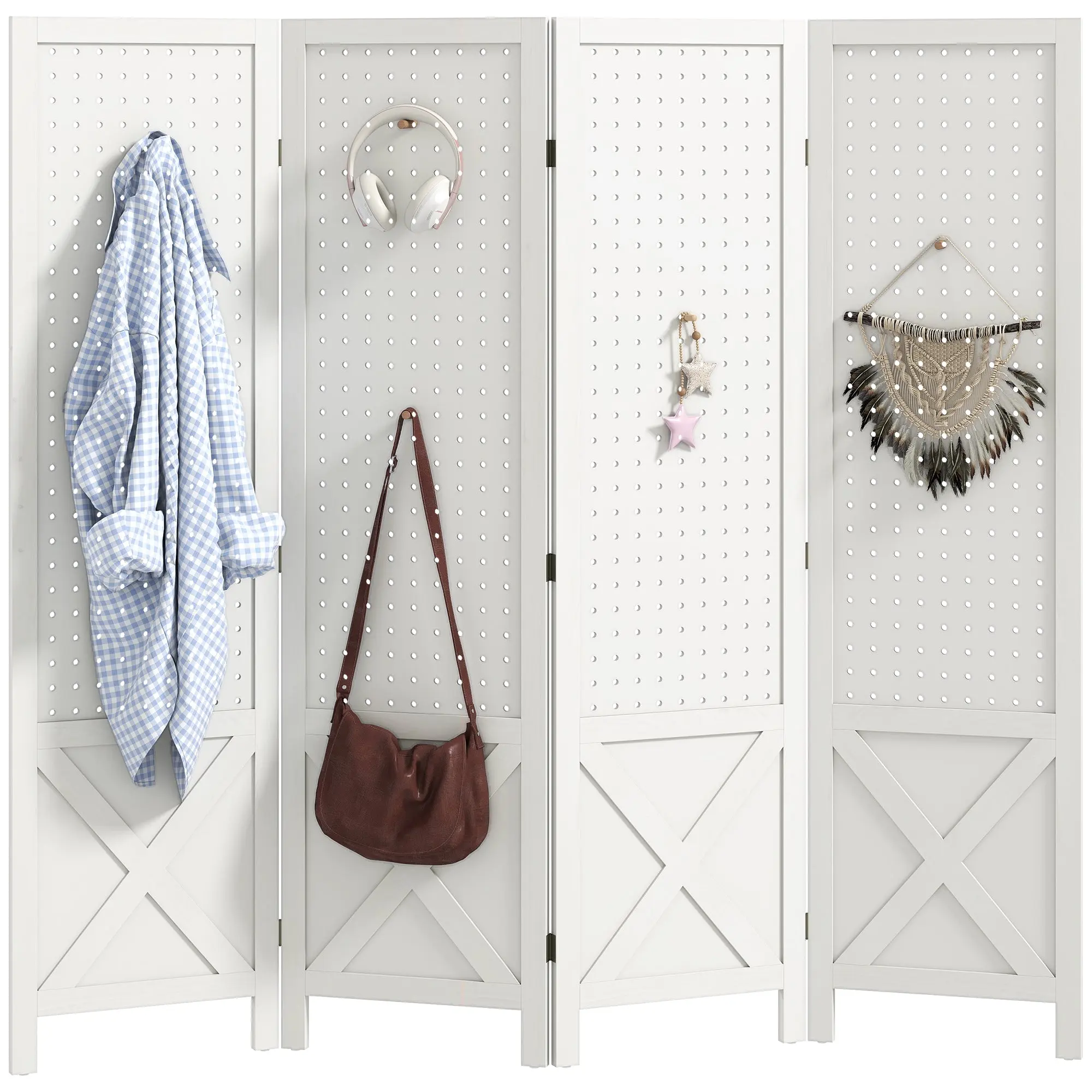 4-Panel Perforated Wooden Room Divider, Folding Privacy Screen, 60 x 57 in, White