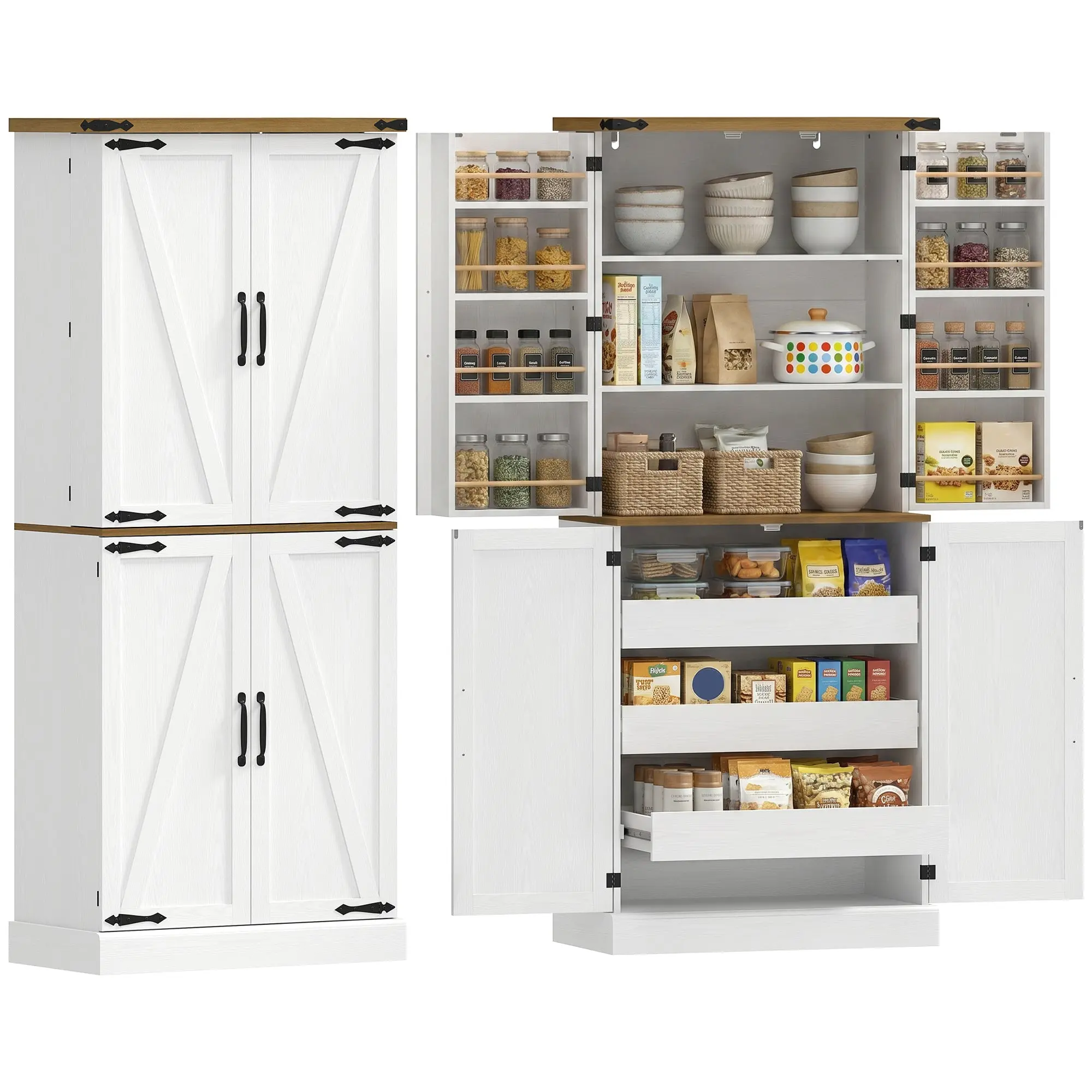 Tall Kitchen Buffet Cabinet, 4 Doors, 3 Drawers, 8 Spice Racks & Adjustable Shelves, Rustic White with Oak Top, 76 x 40 x 182 cm (30 x 15.7 x 71.7 in)
