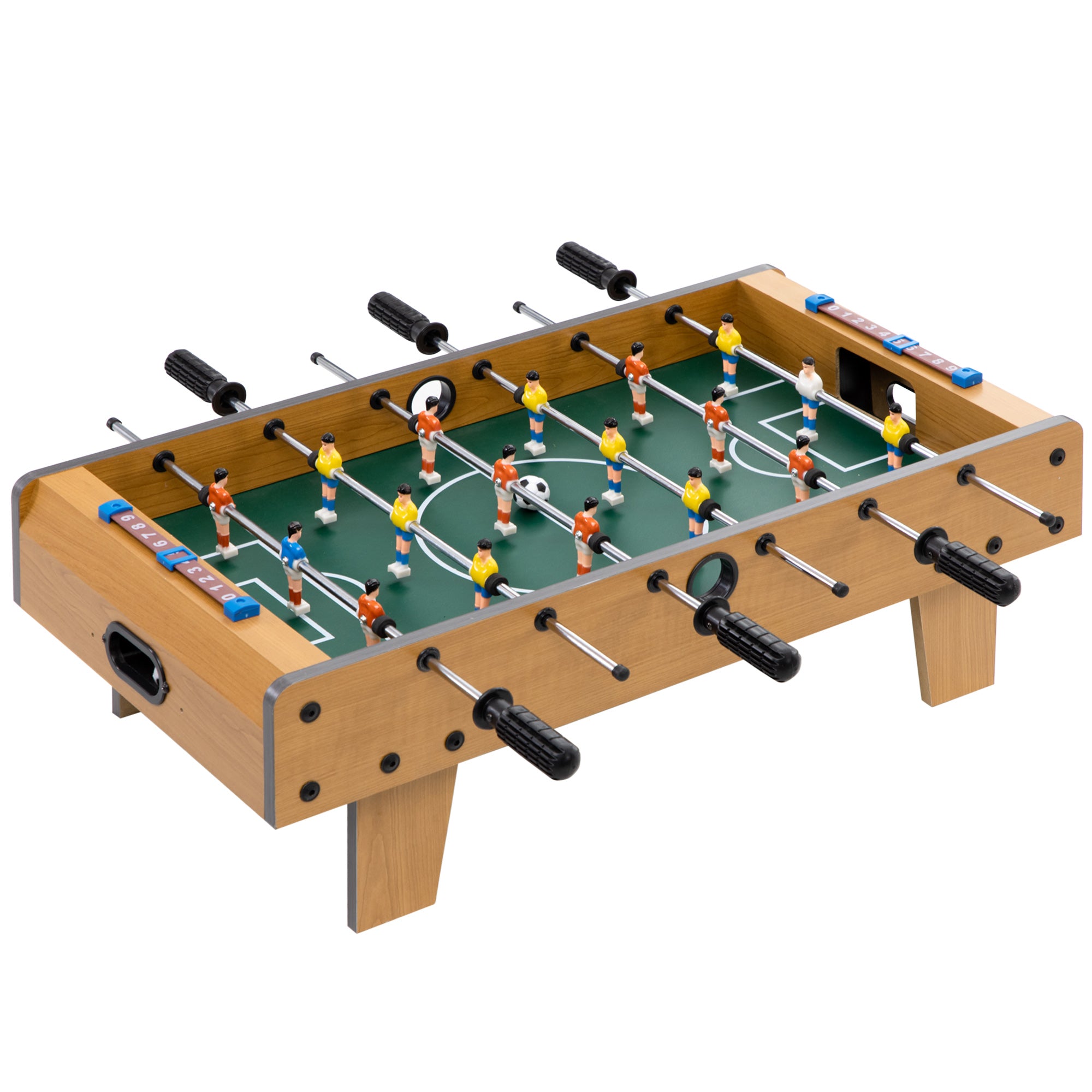 HOMCOM Tafelvoetbal voor Kinderen 6+ Jaar Houten Voetbalspel met 2 Ballen 6 Handvaten 2 Scorebordhouders 18 Spelers 69x36,5x22 cm Natuur