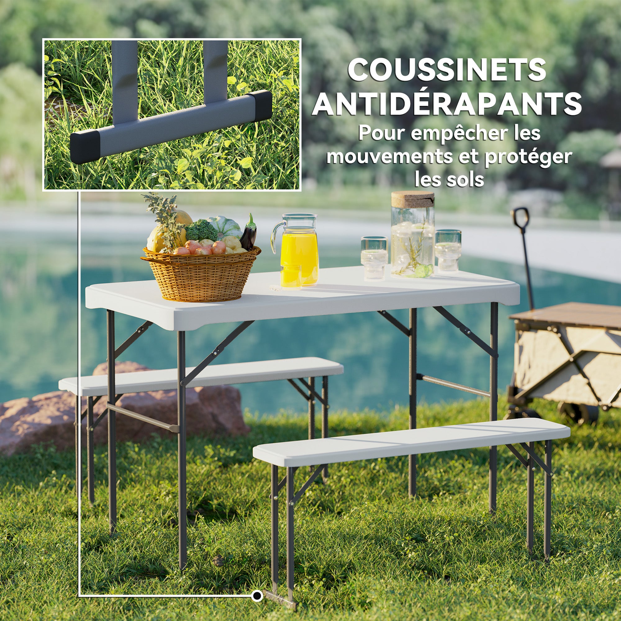 Outsunny Klapptisch und Picknickbänke Set 113 cm, Klappender Campingtisch mit tragbaren Stühlen und Tragegriffen, Faltbar, Hellgrau