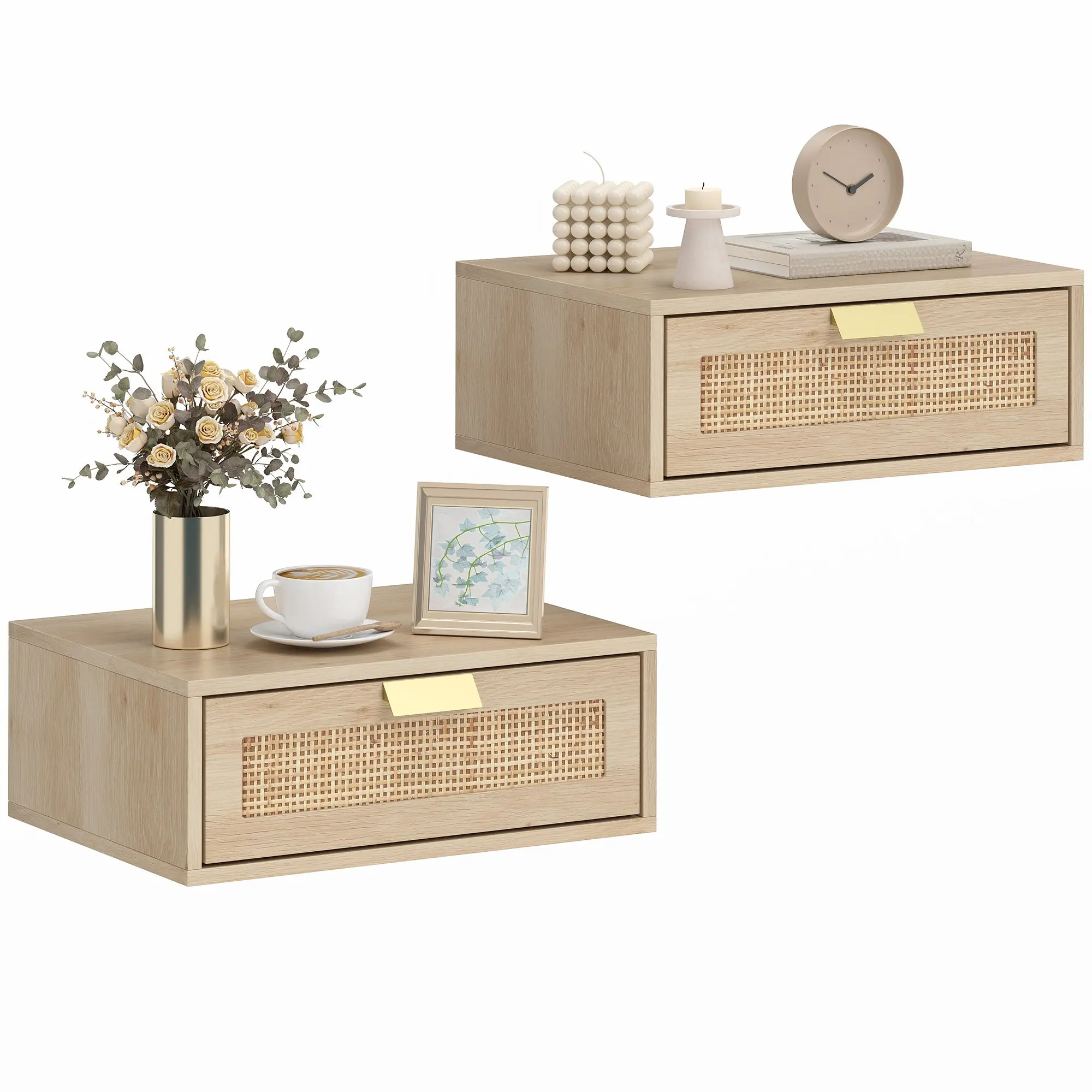 Set of 2 Floating Wall Nightstands with Rattan-Effect Drawer, Boho Oak, 15.7 x 11.8 x 5.9 in