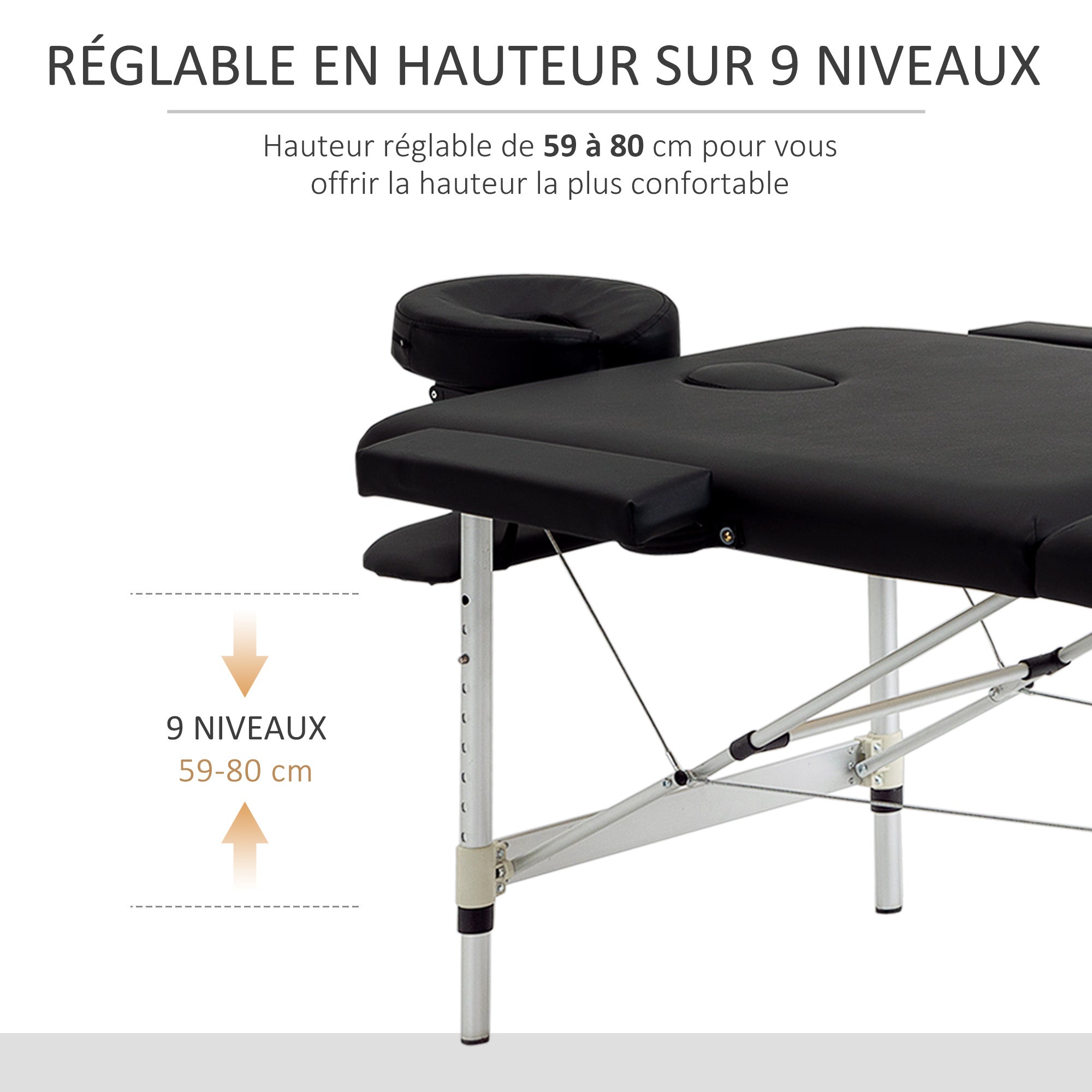 Table de Massage Pliable HOMCOM Lit de Massage Portable + Sac de Transport Capacité Max 225 Kg Hauteur Réglable Structure en Alliage d'Aluminium 210 x 90 cm Noir