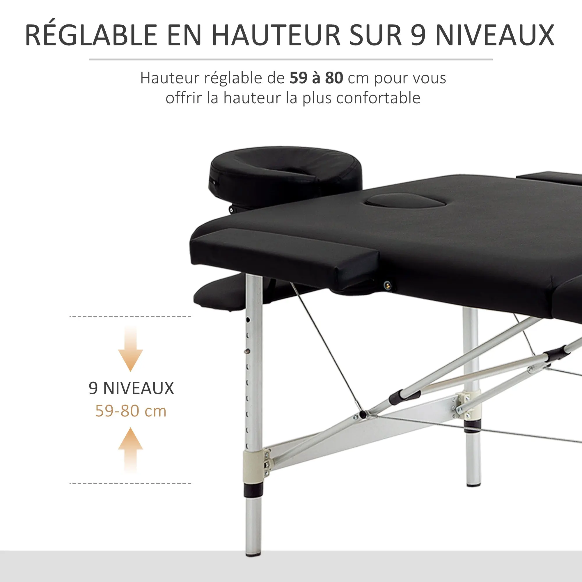 Foldable Massage Table Portable Massage Bed + Carrying Bag Max Load 225 Kg Adjustable Height Aluminum Alloy Structure 210 x 90 cm Black