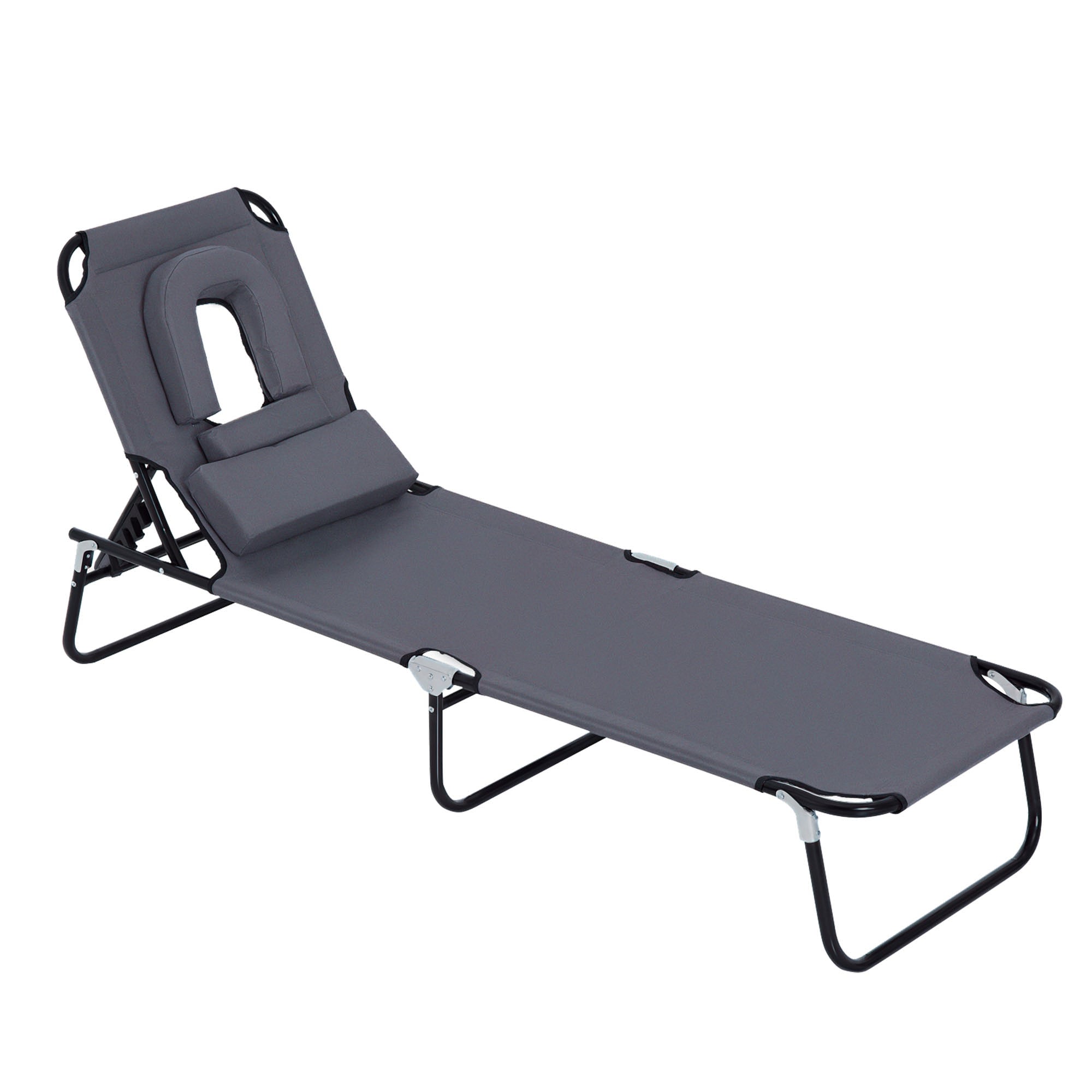 Foldable Sun Lounger with Pillow Reclining Chair with 4-Position Adjustable Backrest Camping Lounger with Face Hole Garden Chair Up to 120kg Load Capacity for Garden, Balcony Gray