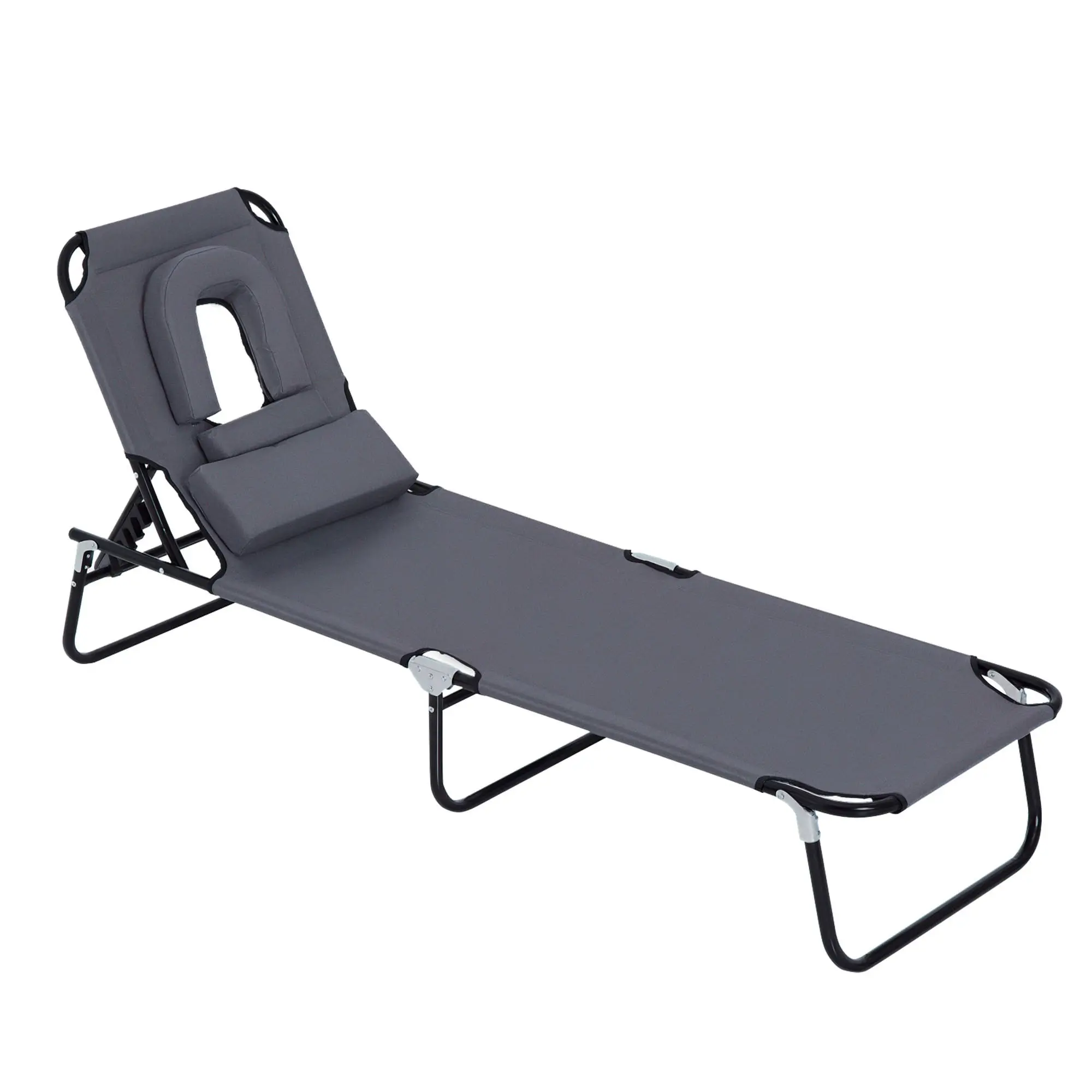 Foldable Sun Lounger with Pillow Reclining Chair with 4-Position Adjustable Backrest Camping Lounger with Face Hole Garden Chair Up to 120kg Load Capacity for Garden, Balcony Gray