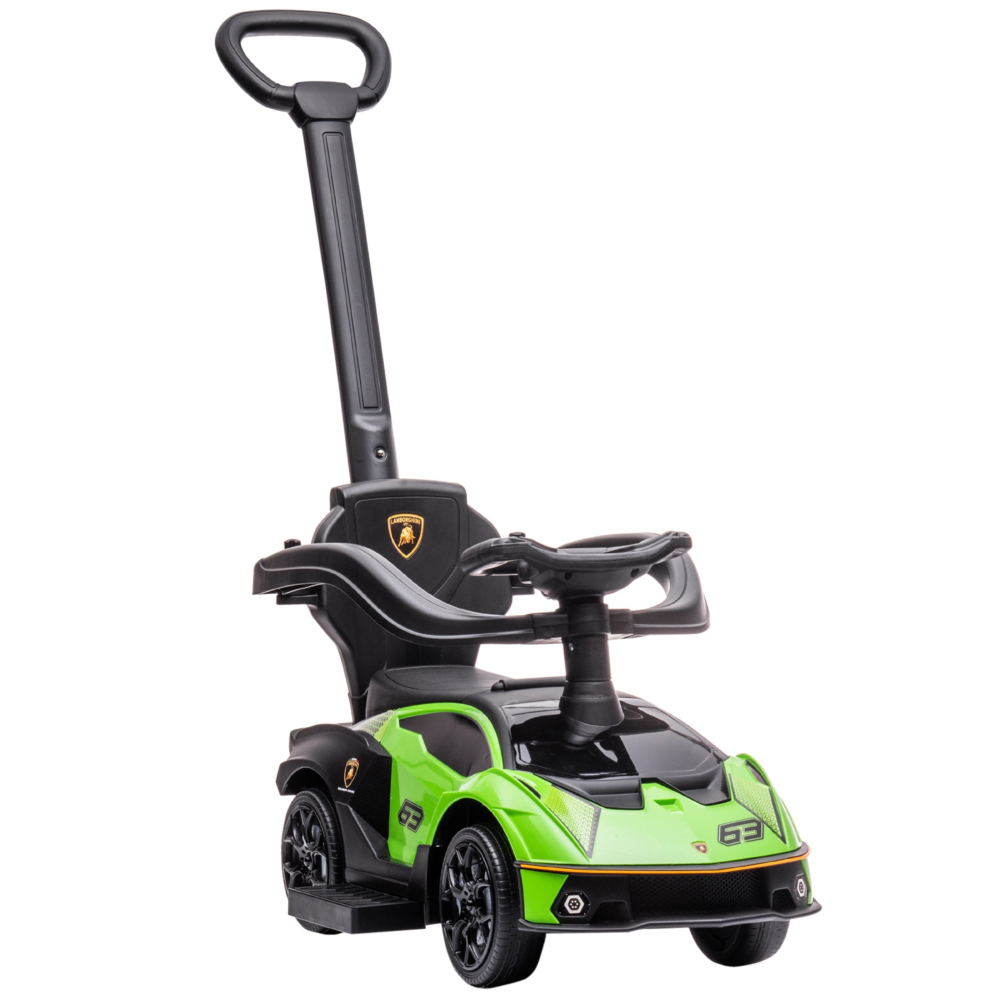 AIYAPLAY 2-in-1 Lamborghini Essenza SCV12 -tavaratelineauto lapsille 12-36 kuukautta - Työntöauto, jossa on torvi, irrotettava työntöaisan ja turvakaari, mitat 86.5x40x89.5 cm, vihreä ja musta