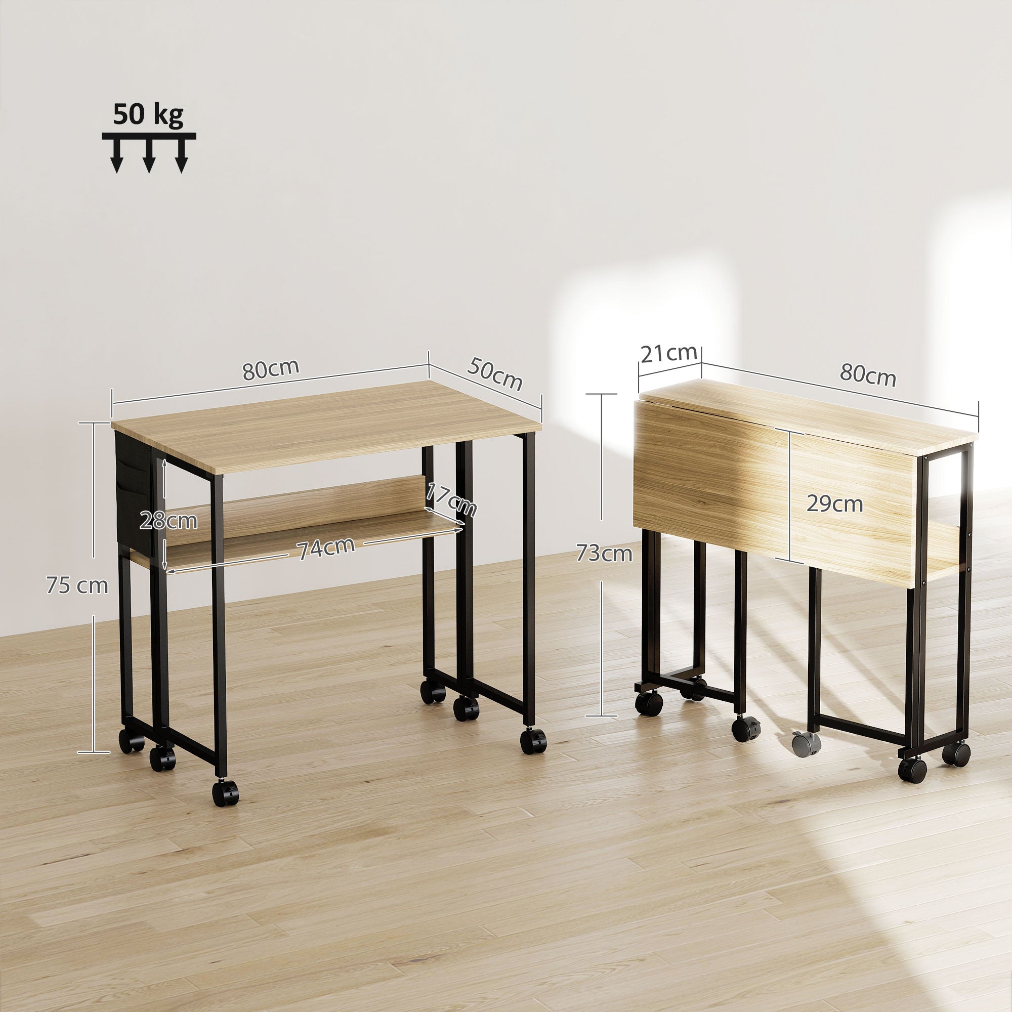 HOMCOM Összecsukható Íróasztal Kerekeken, Számítógépasztal 80 x 50 cm Polccal és Tárolótáskával, Tanulóasztal Otthoni Irodába, Hálószobába, Kis Terekre, Tölgy