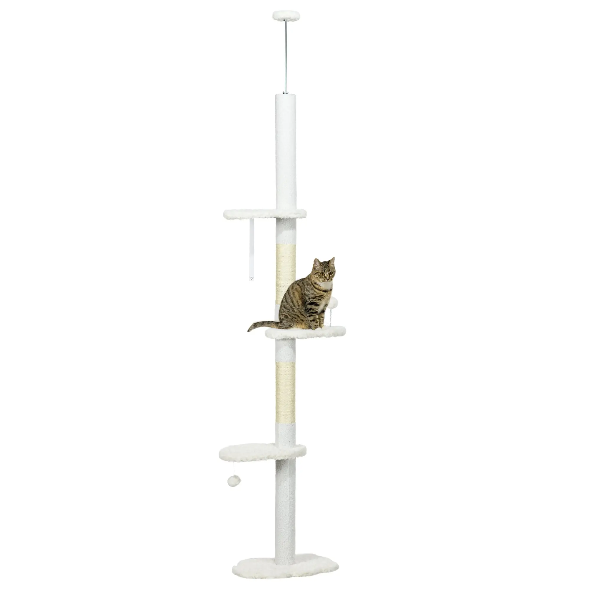 Scratching Post, Cat Tree Floor-to-Ceiling, Cat Scratching Post, 225-255 cm, Climbing Tree with Toy Ball, Jute Rope Posts, Hammock, Cat Ladder, Cat Furniture, White
