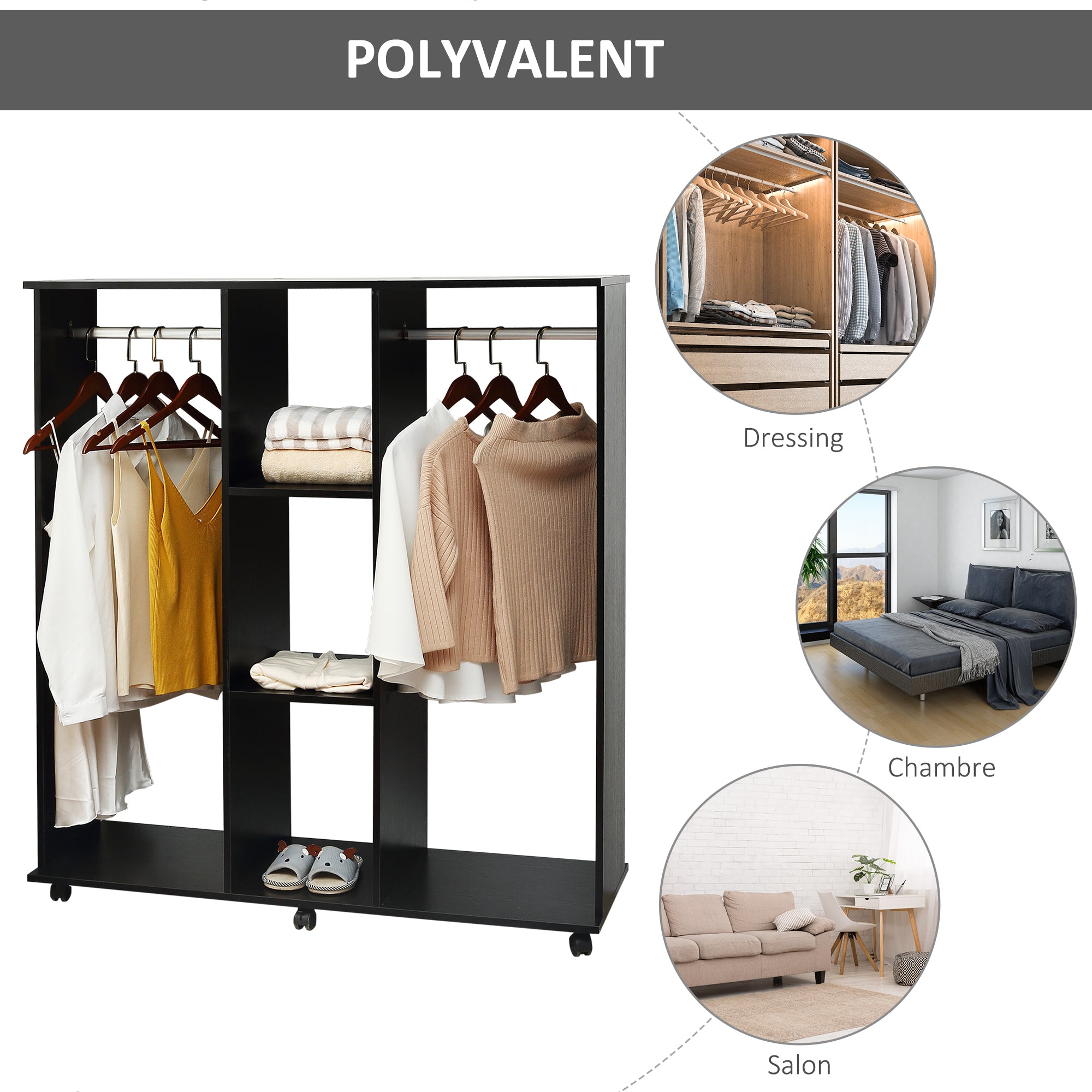 HOMCOM Mobiele Opbergkasten met 6 Wielen 120L x 40B x 128H cm Hout Zwart