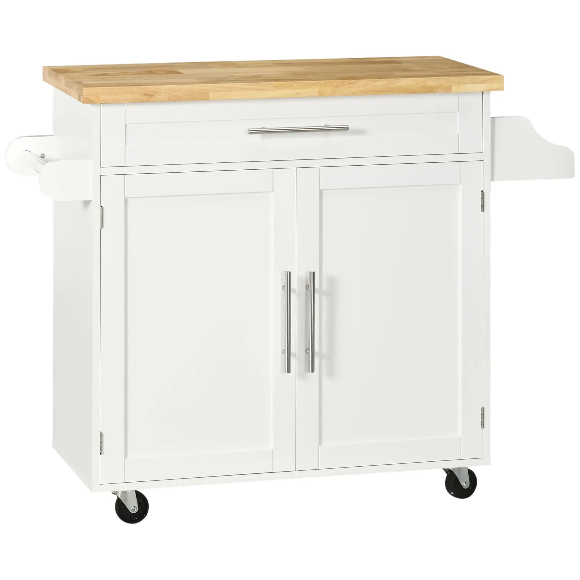 Multi-purpose Kitchen Trolley with Drawer, Wheels, Spice Rack and Cabinet, Kitchen Cabinet with Adjustable Shelf, Towel Rack and Rubberwood Top, 109x40x89 cm, White