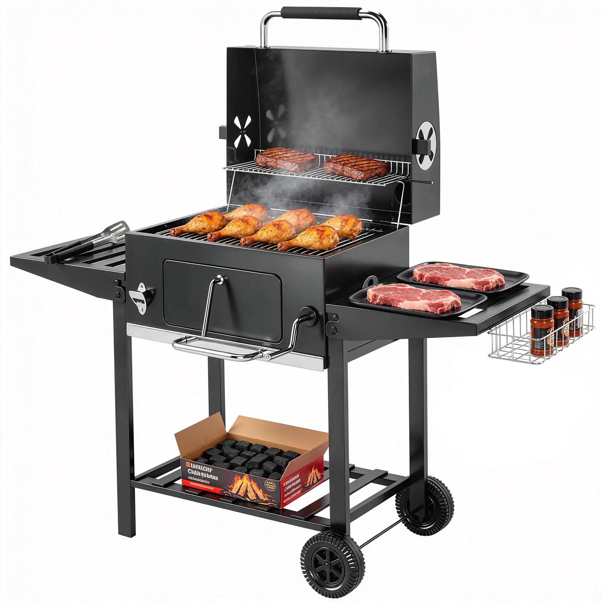 Charcoal Grill with Removable Grill, Adjustable Charcoal Pan, Portable BBQ Cart with Lid, Folding Shelves, Thermometer, Basket, Hooks & Wheels — Black