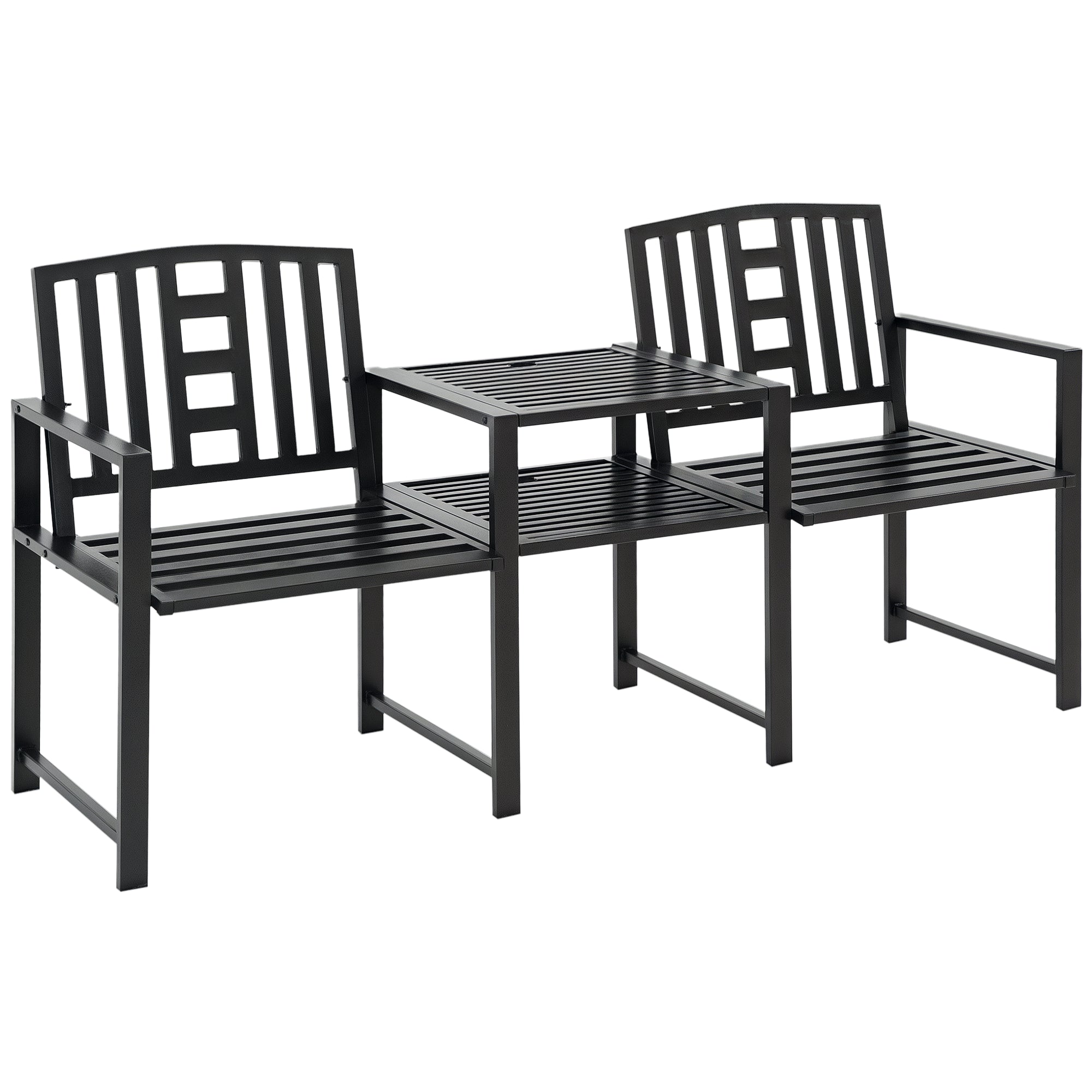 Outsunny Moderne 2-Sitzer Gartenbank mit Tisch und Schirmloch Gartenmöbel 165x56x85,5cm Schwarz